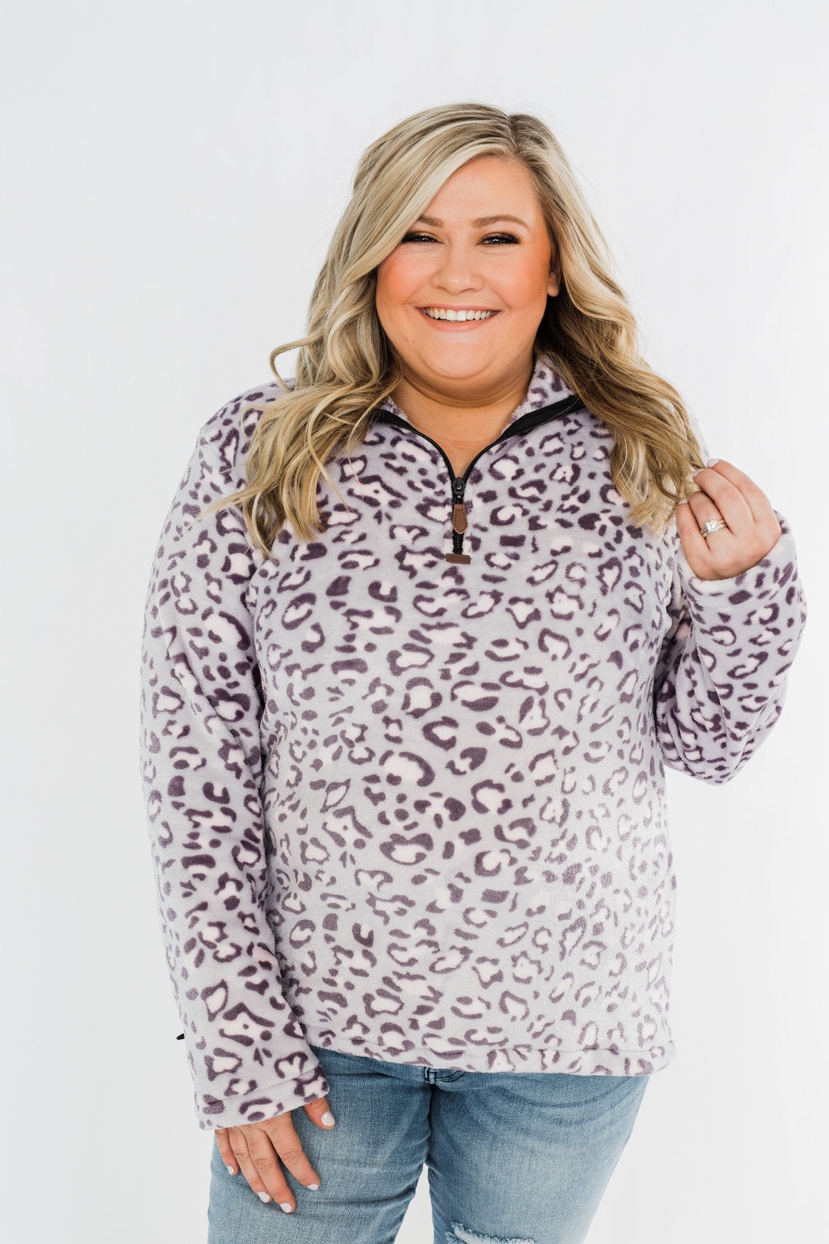 Quarter Zip Leopard Sherpa- Lilac