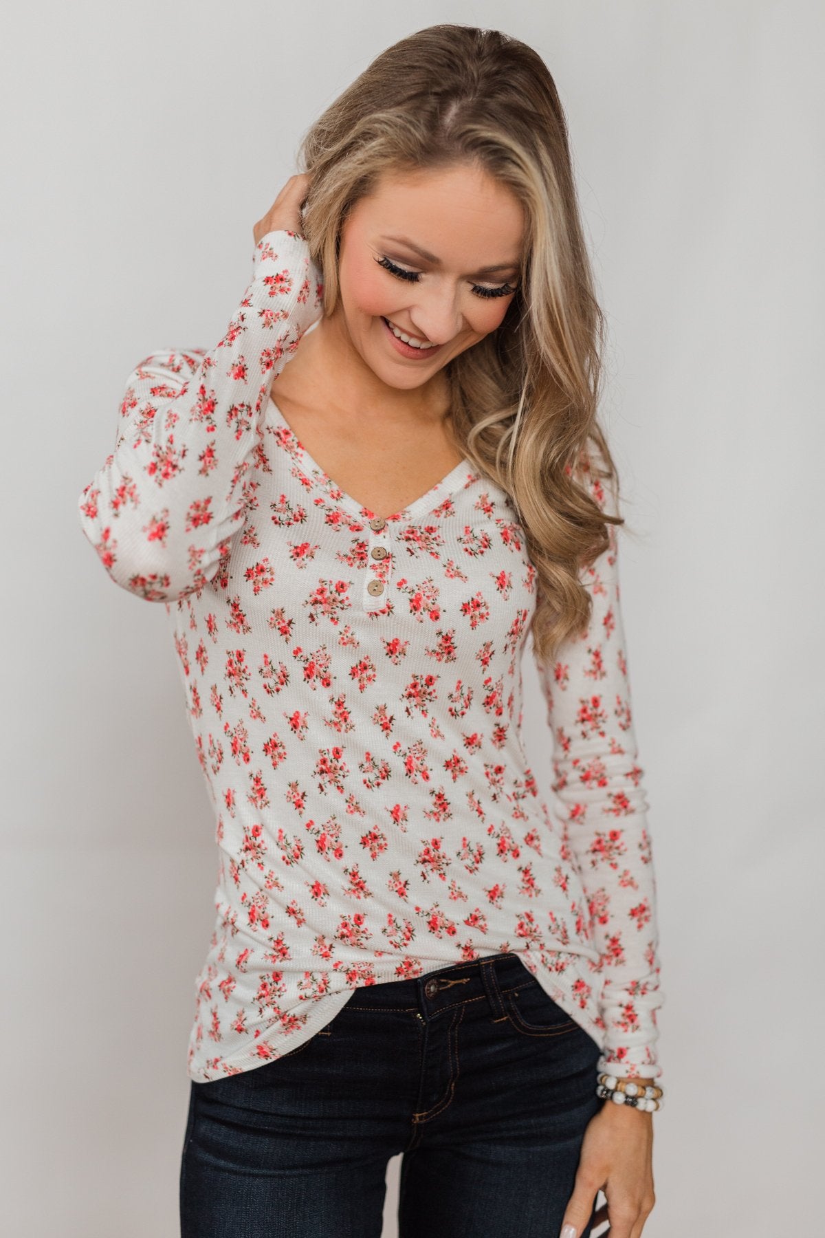 Blossoming Beauty 3-Button Henley Top - Ivory