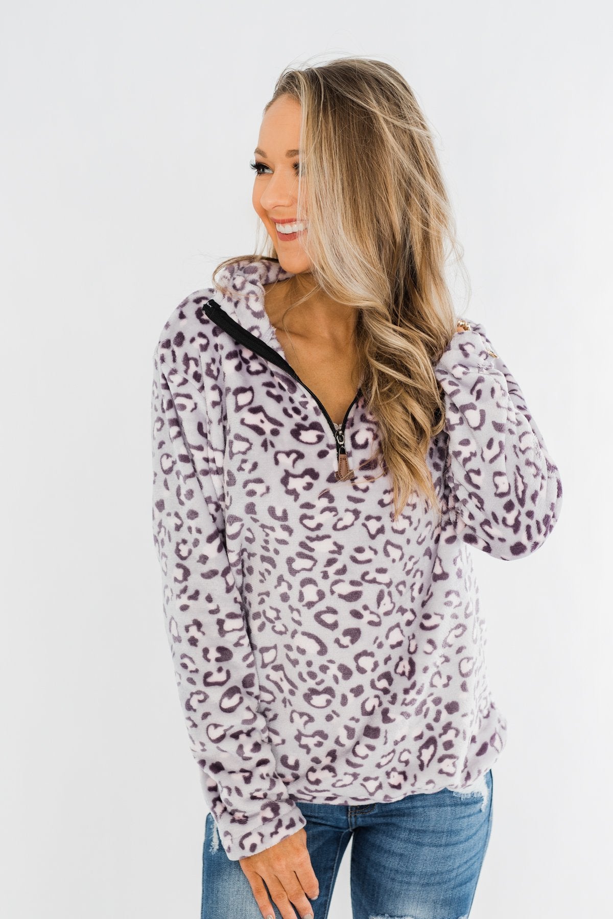 Quarter Zip Leopard Sherpa- Lilac