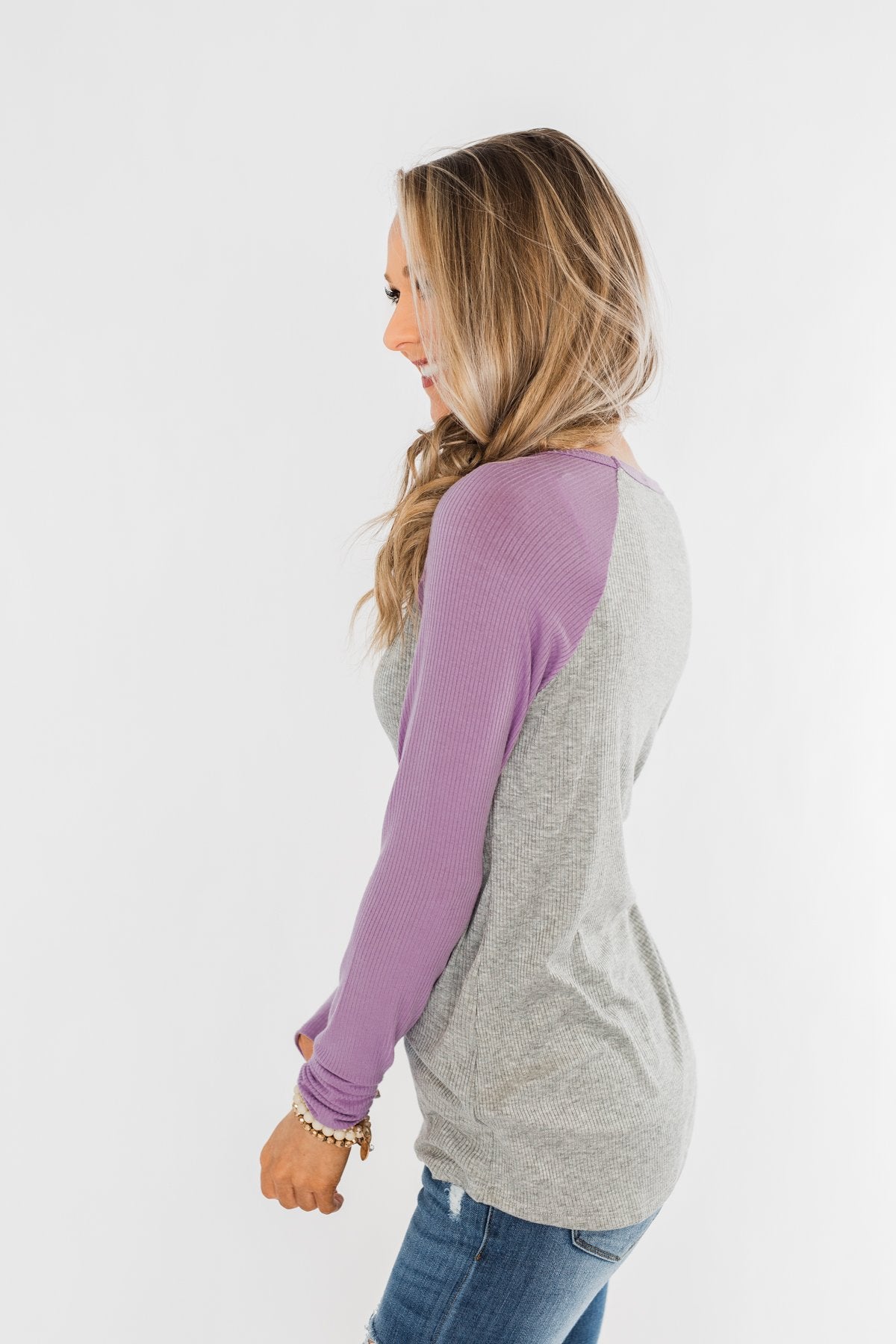Season Awaits Long Sleeve Raglan Top- Lavender