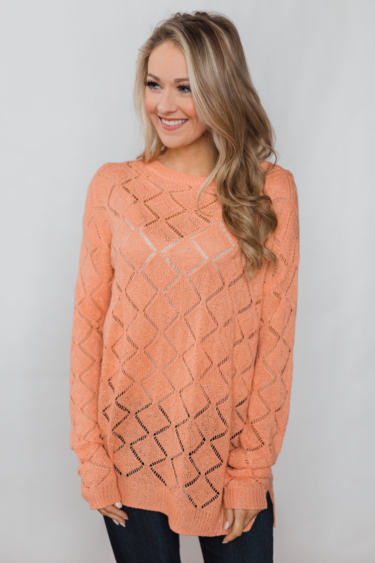 Long Sleeve Pointelle Knitted Sweater- Peachy Orange