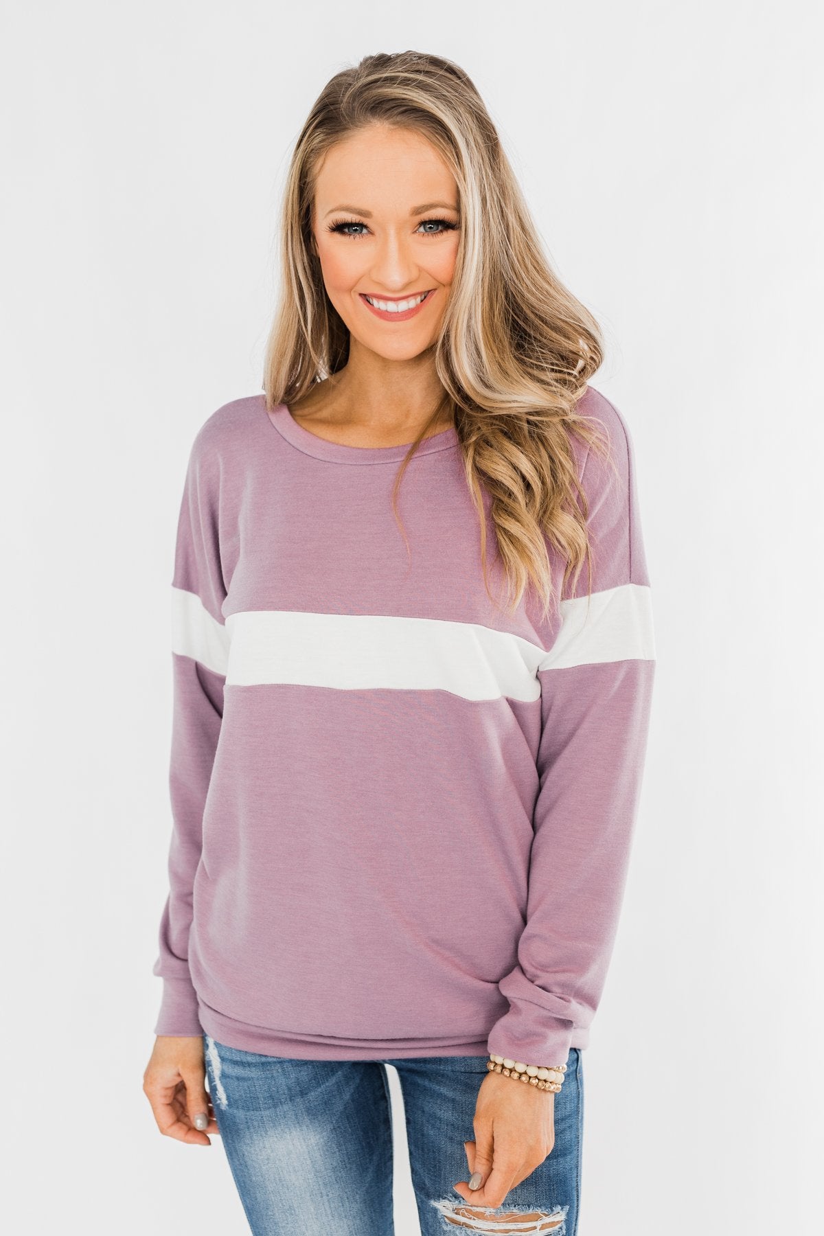 Make No Mistake Long Sleeve Top- Dark Lavender & Ivory