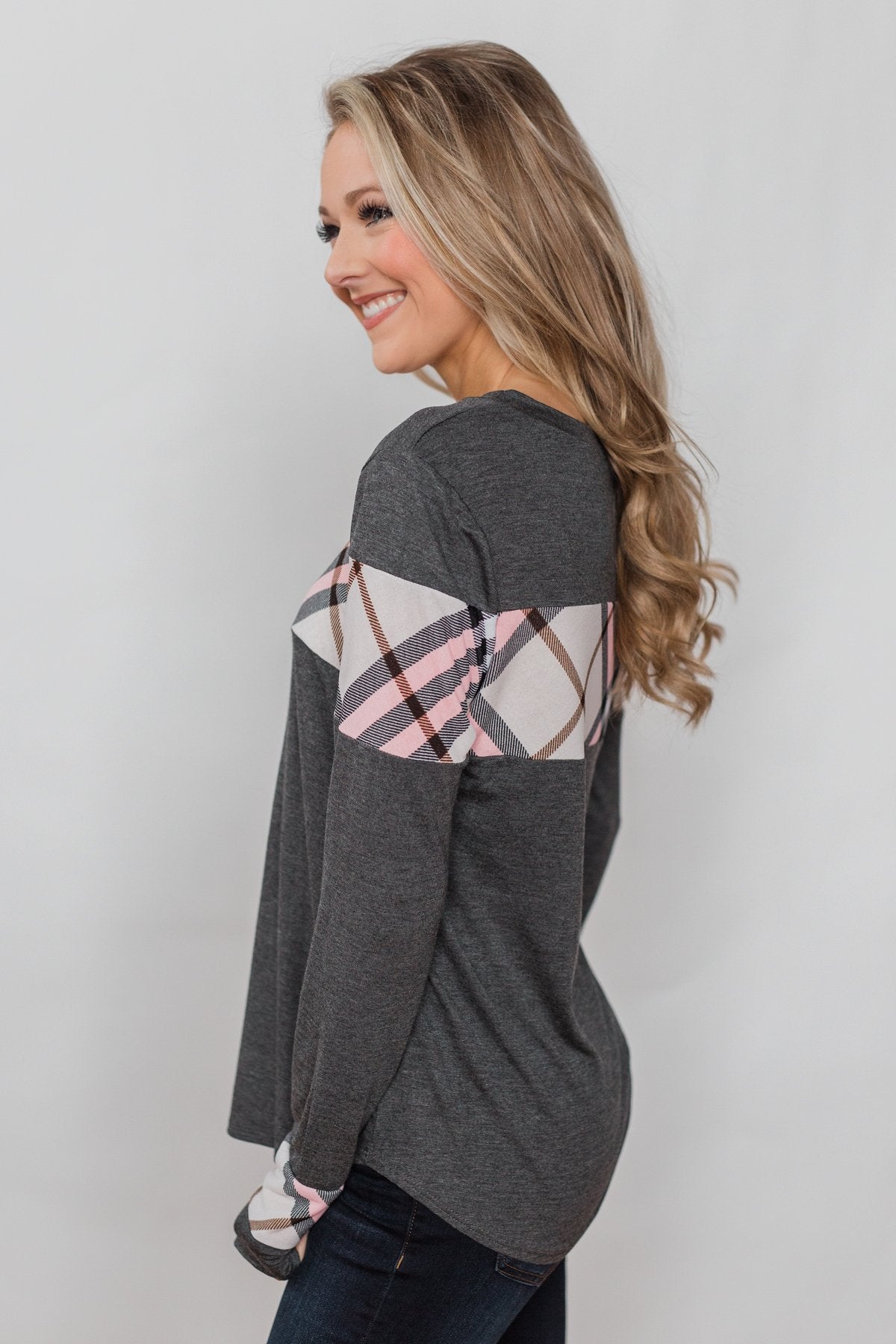 Talk About Cute Plaid Top- Charcoal