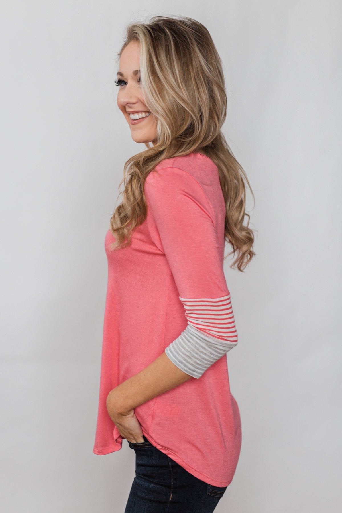 Longing For You Striped Sleeve Top - Punch Pink
