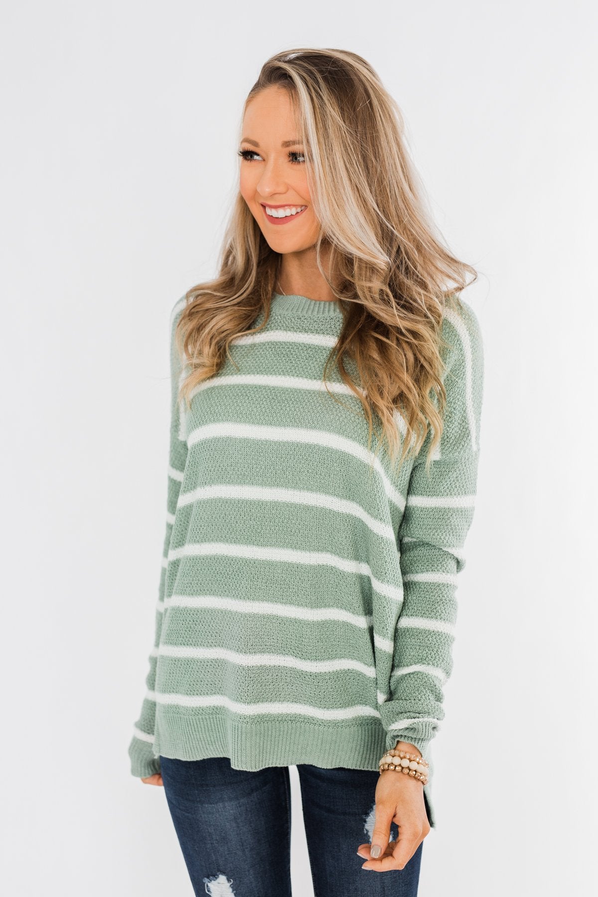 No Such Thing Striped Sweater- Sage & Ivory