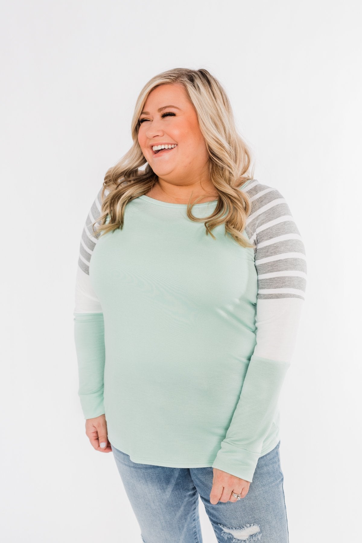 Comfy All Season Color Block Top- Mint, Grey, & Ivory