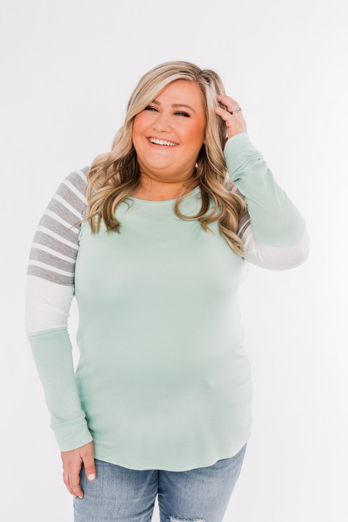 Comfy All Season Color Block Top- Mint, Grey, & Ivory