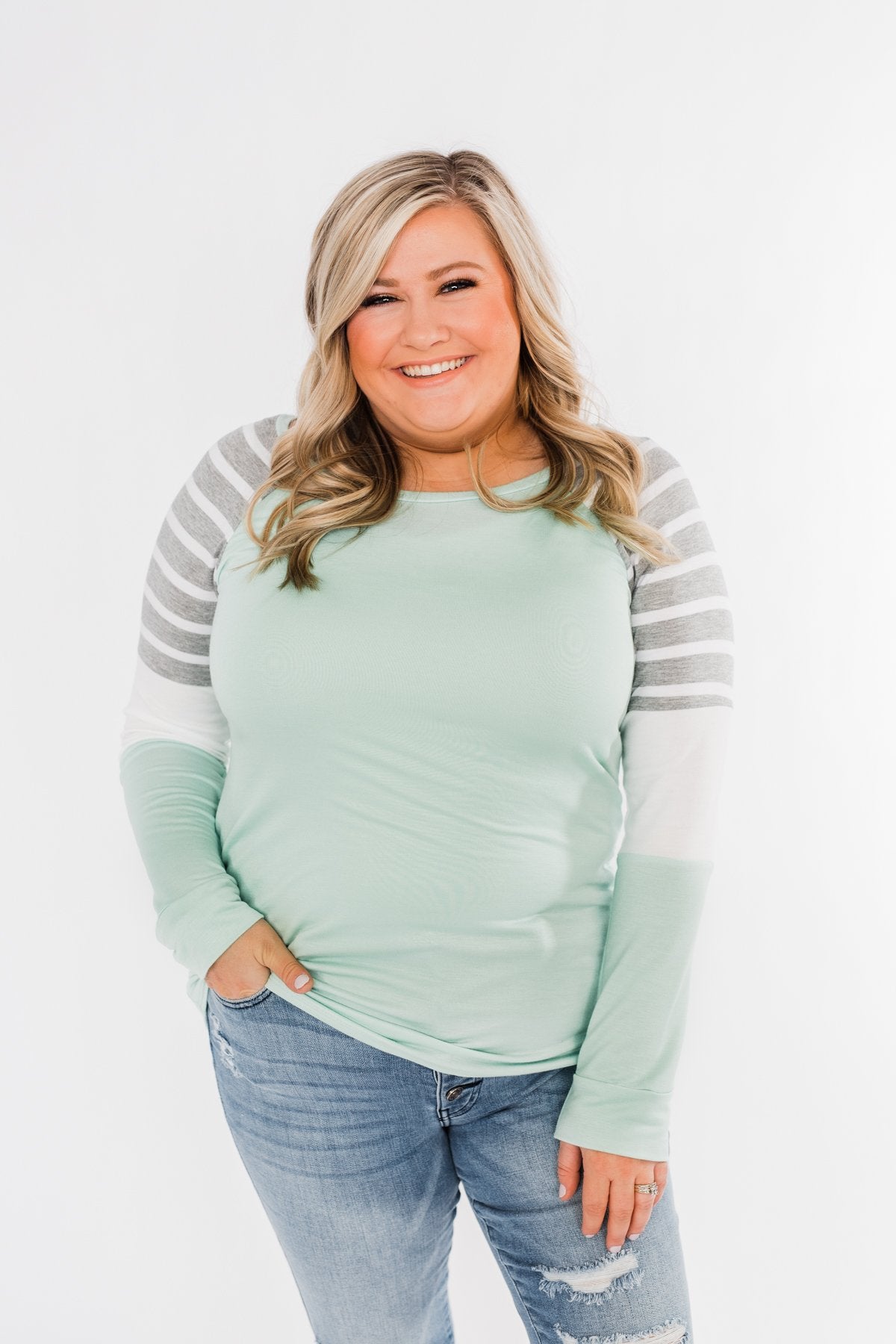 Comfy All Season Color Block Top- Mint, Grey, & Ivory