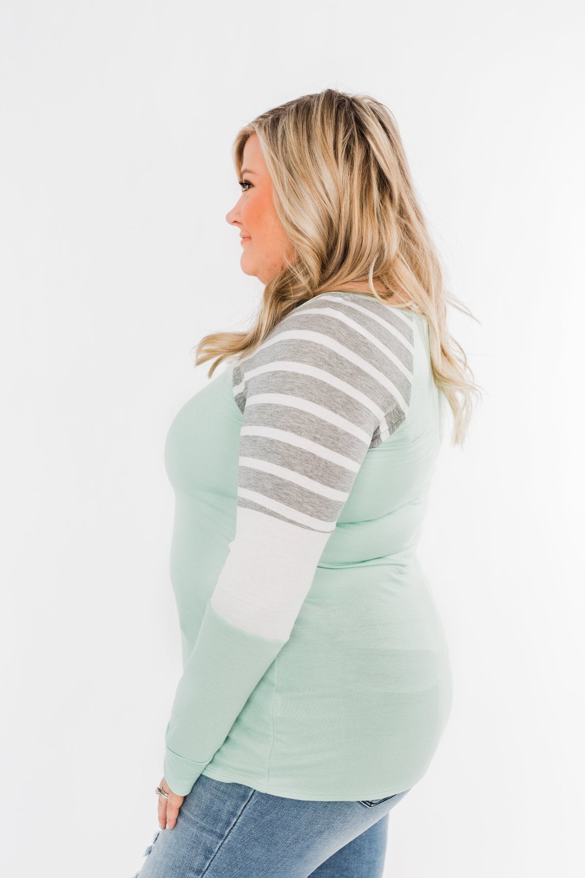 Comfy All Season Color Block Top- Mint, Grey, & Ivory