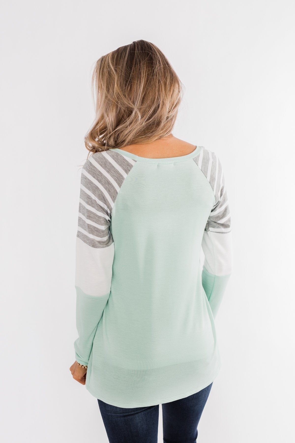 Comfy All Season Color Block Top- Mint, Grey, & Ivory