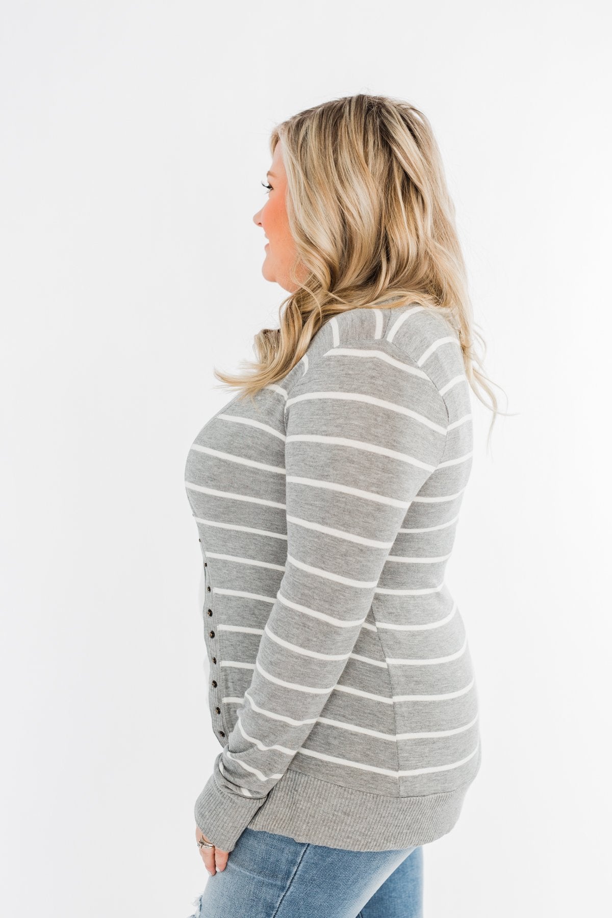 Everyday Striped Button Cardigan- Grey & Ivory