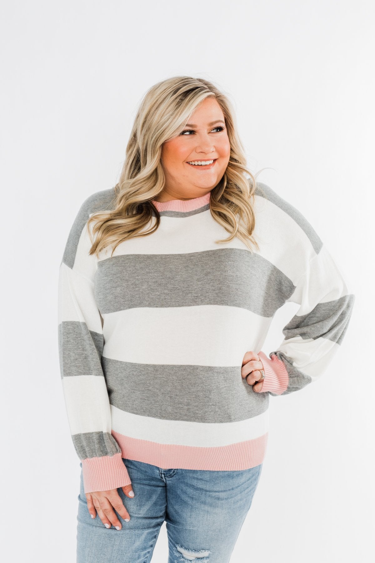 All My Life Striped Sweater- Grey & Pink