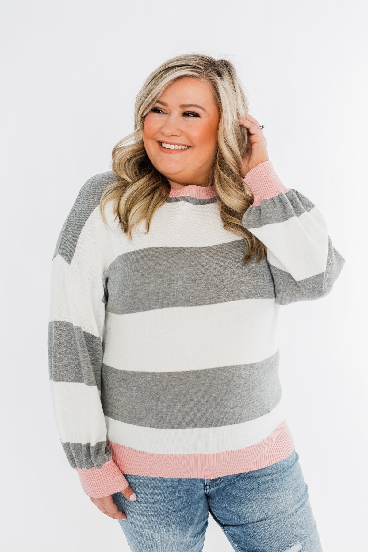 All My Life Striped Sweater- Grey & Pink