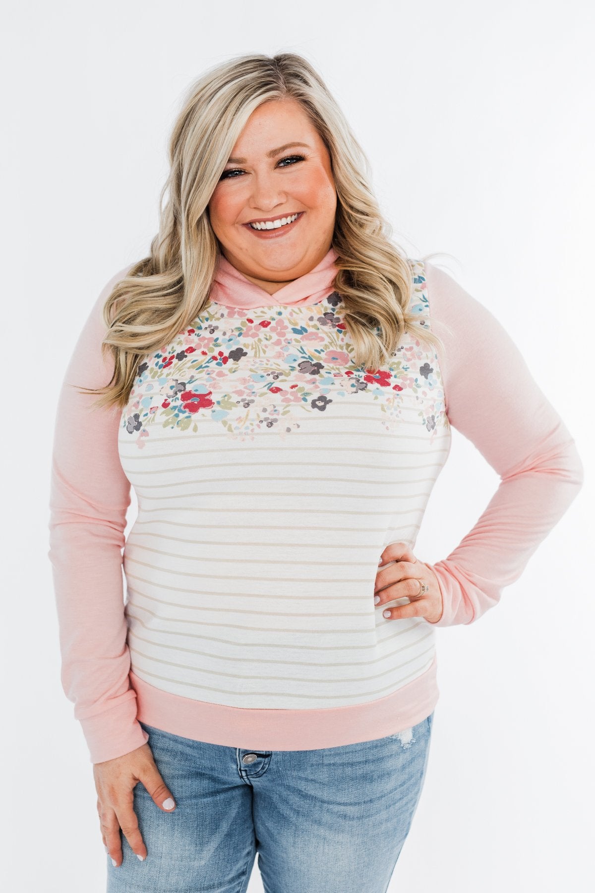 Simple Pleasures Floral & Stripes Hoodie- Light Peach