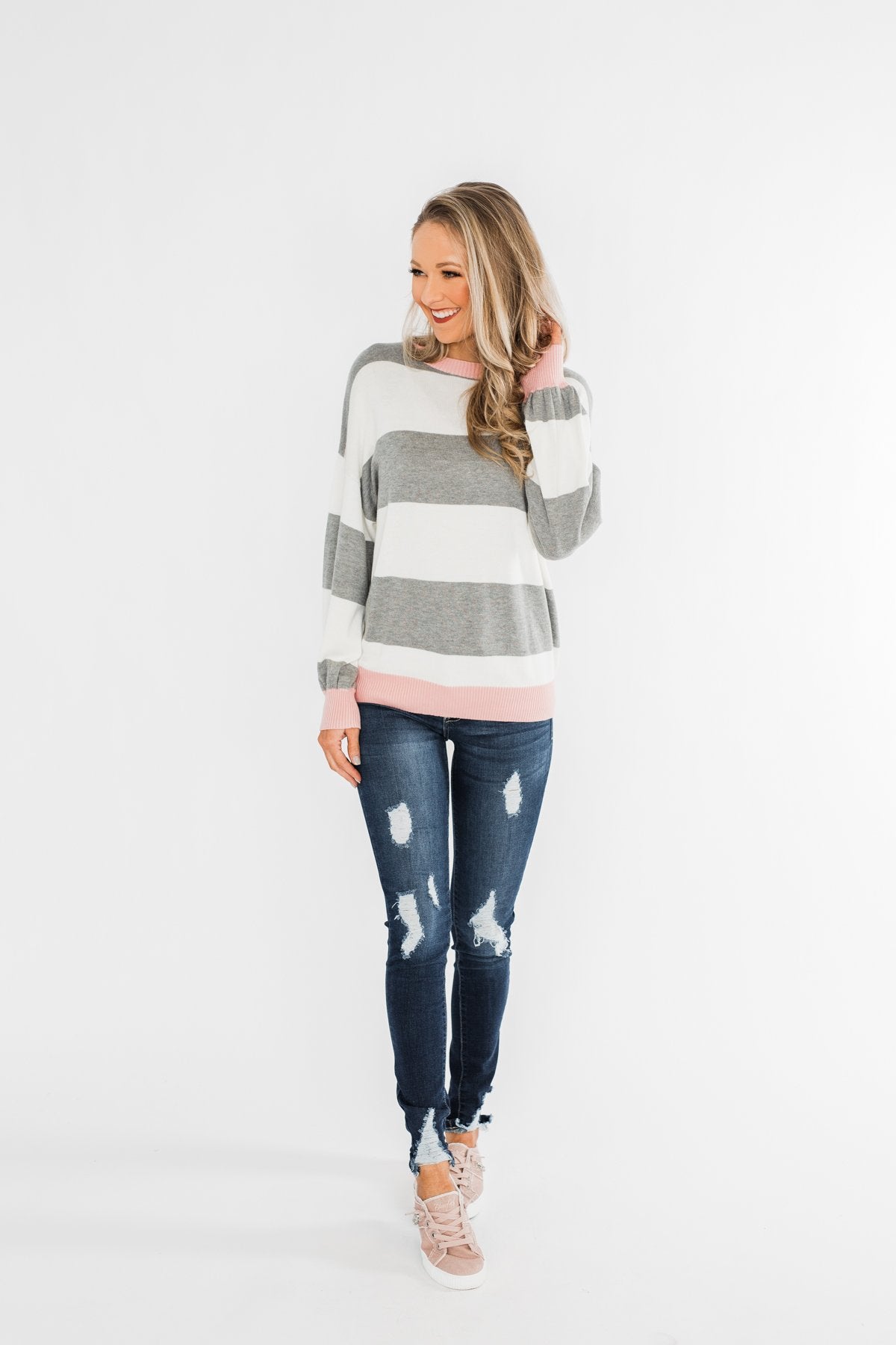 All My Life Striped Sweater- Grey & Pink