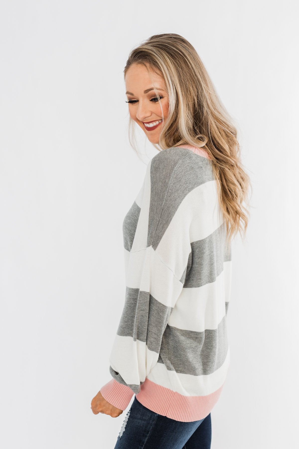 All My Life Striped Sweater- Grey & Pink