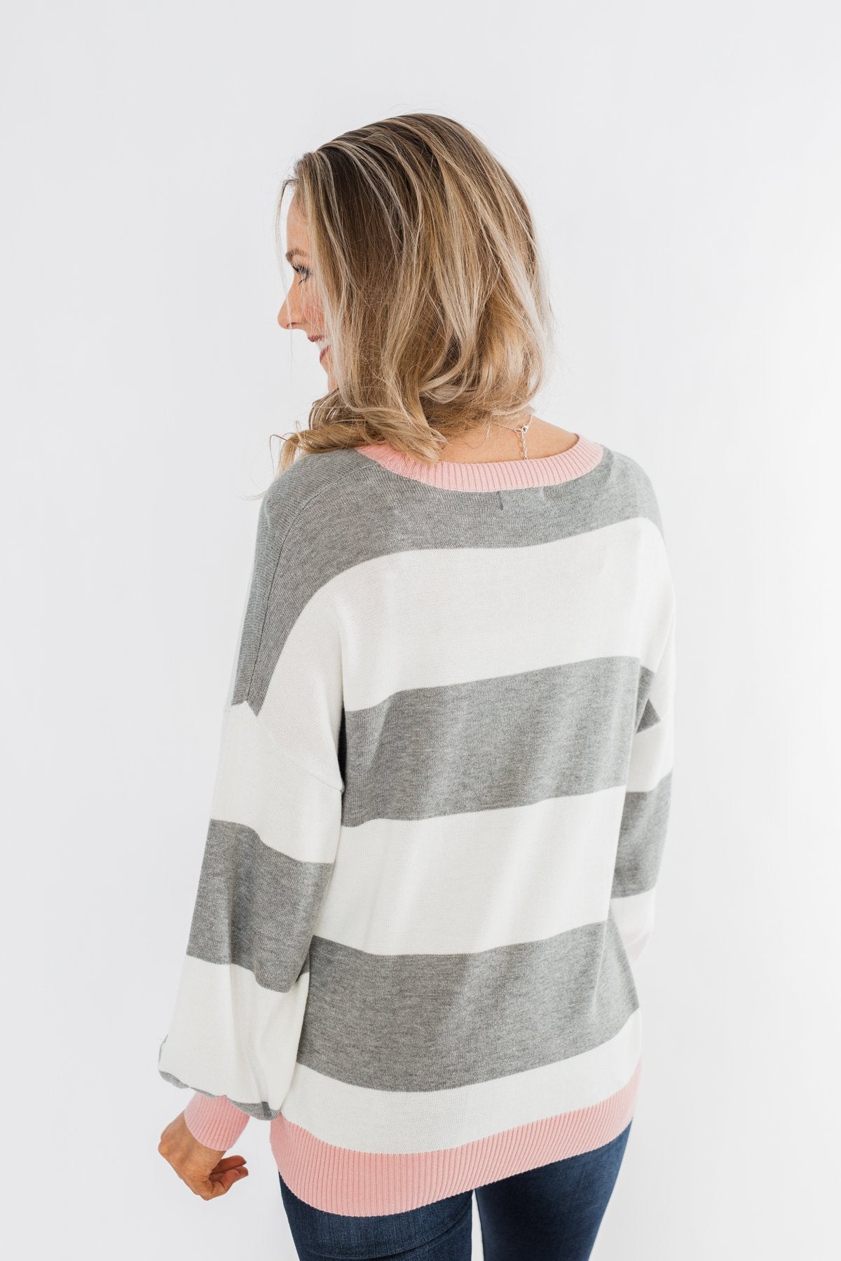 All My Life Striped Sweater- Grey & Pink