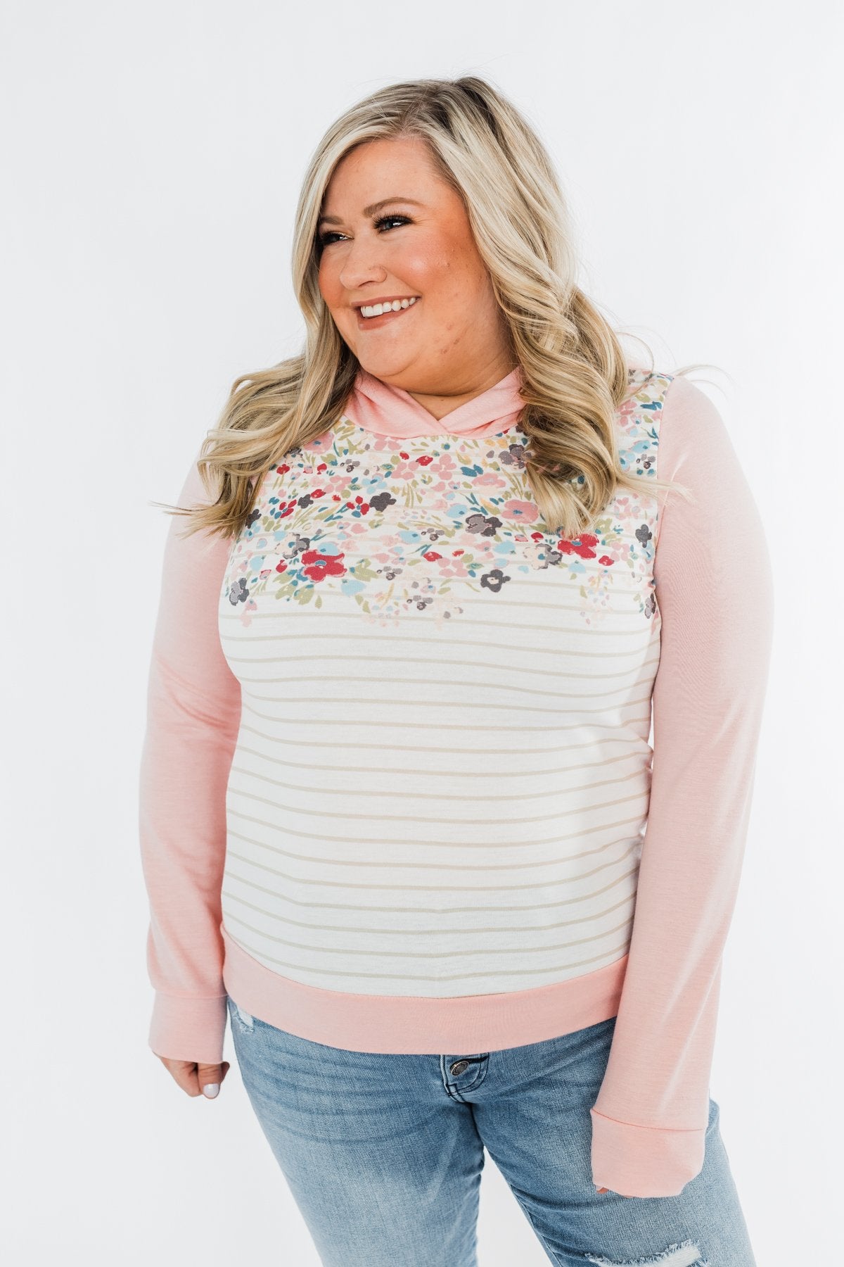 Simple Pleasures Floral & Stripes Hoodie- Light Peach