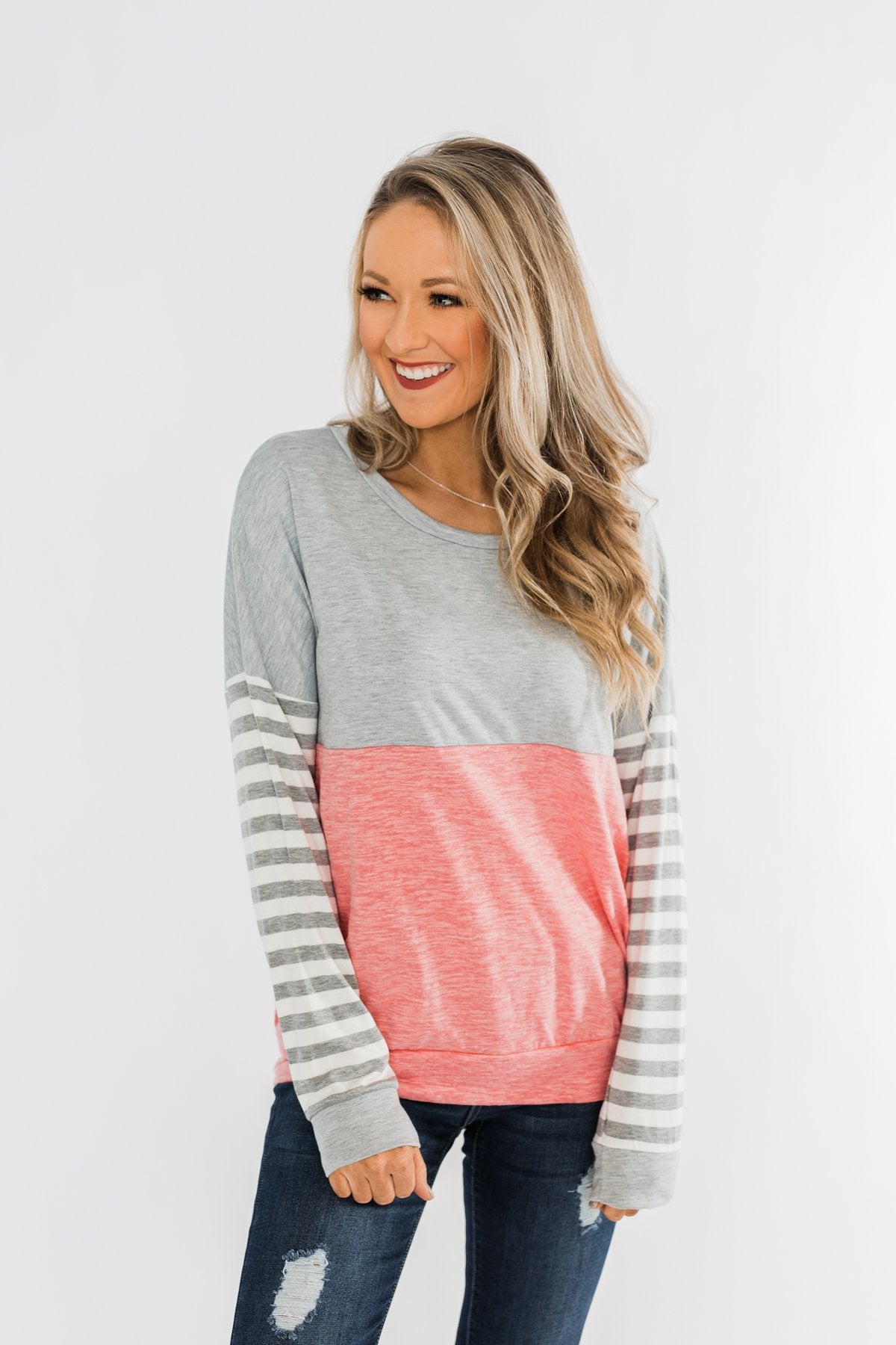 Your Hand In Mine Color Block Top- Grey & Pink