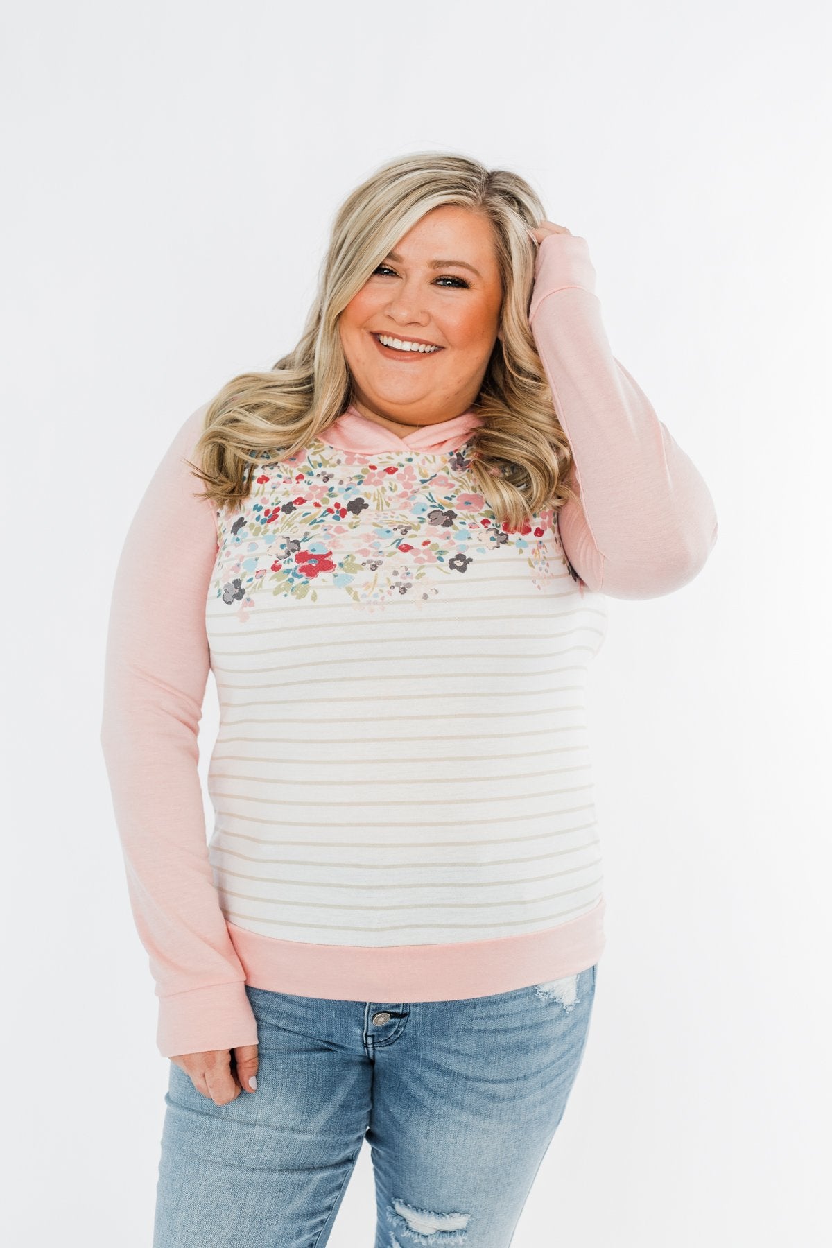 Simple Pleasures Floral & Stripes Hoodie- Light Peach
