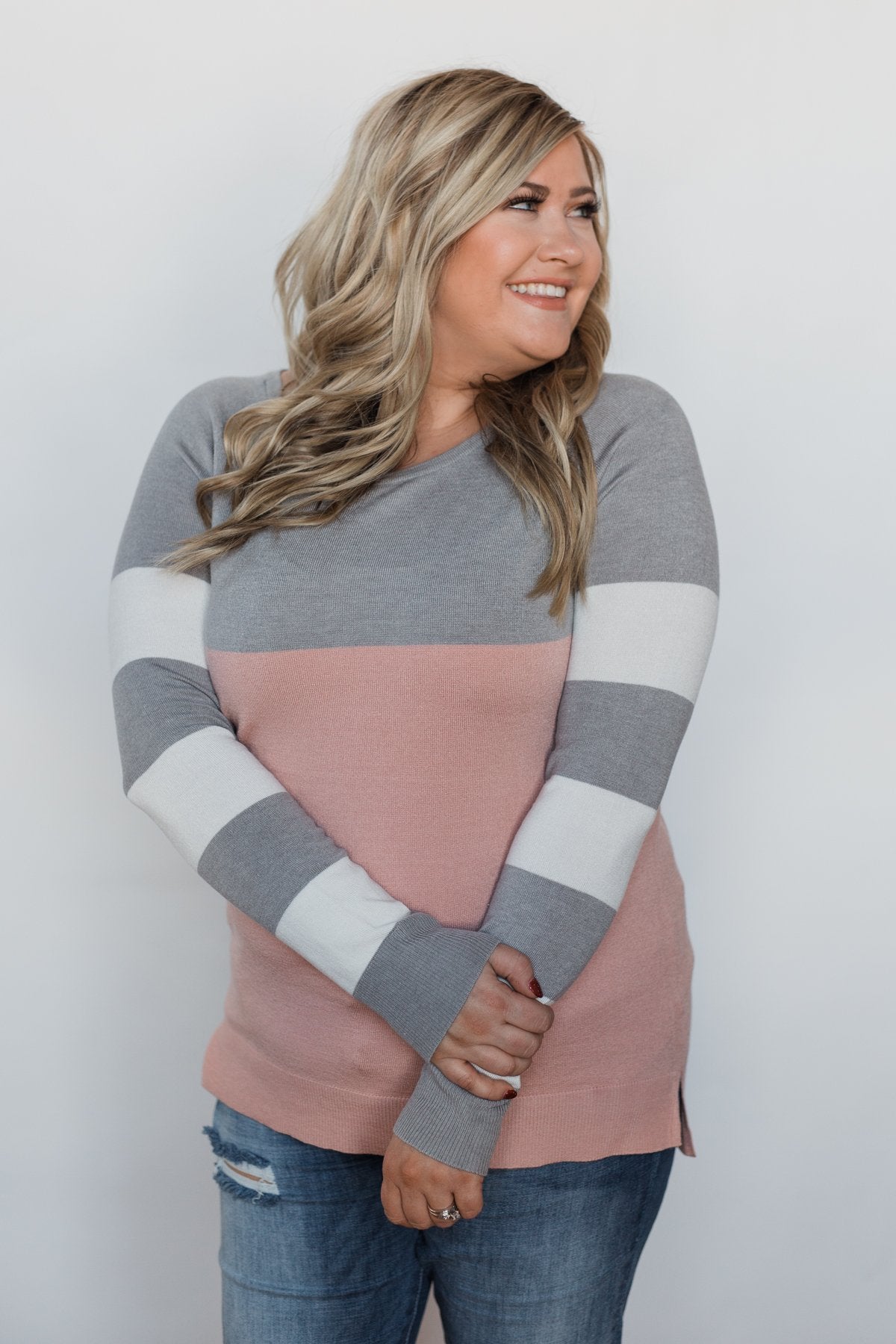 Keep Me Company Color Block Top - Grey & Dusty Pink
