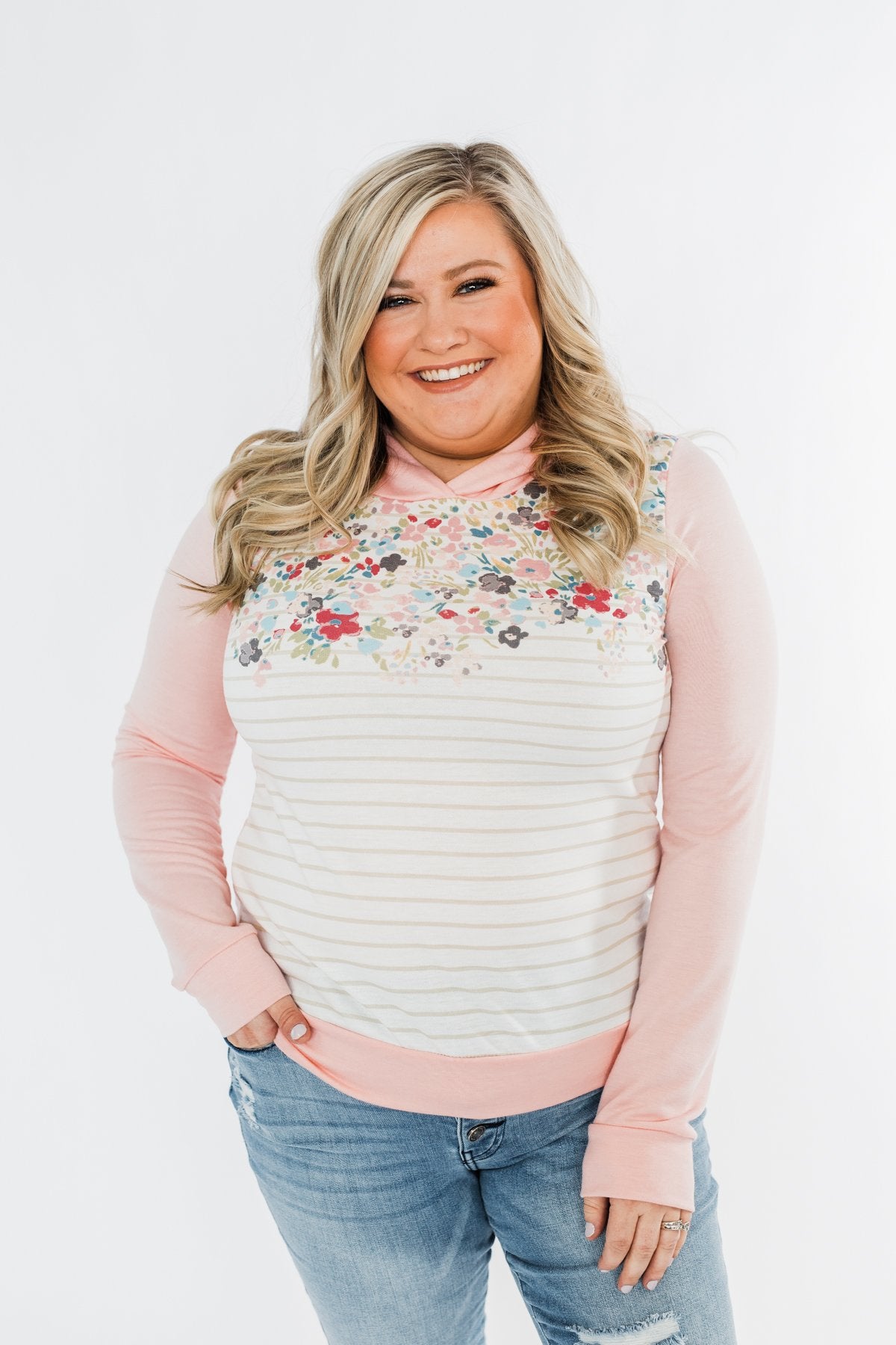 Simple Pleasures Floral & Stripes Hoodie- Light Peach