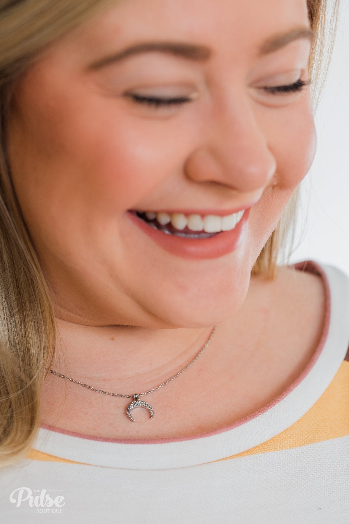 Diamond Studded Crescent Necklace- Silver