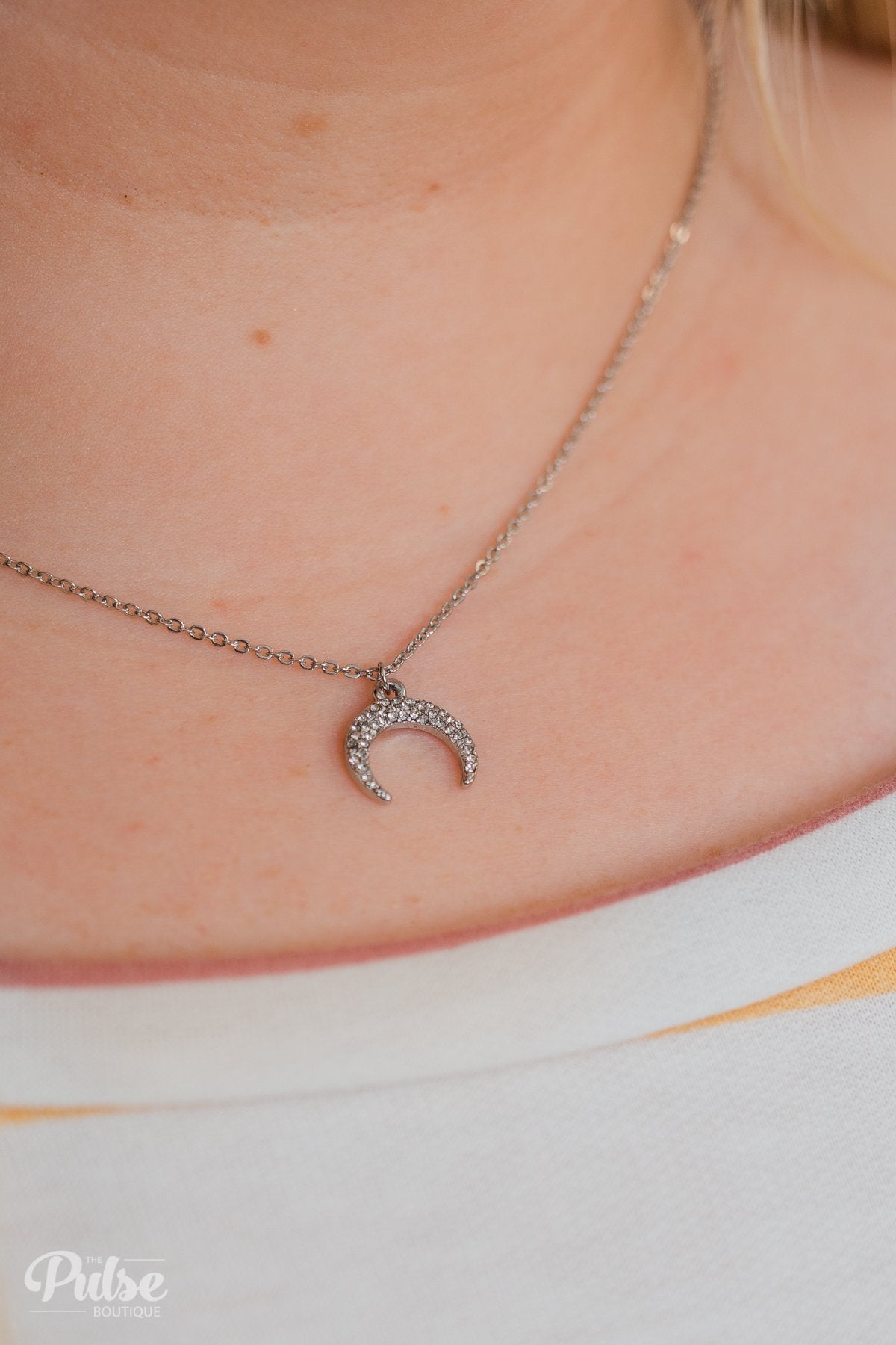 Diamond Studded Crescent Necklace- Silver