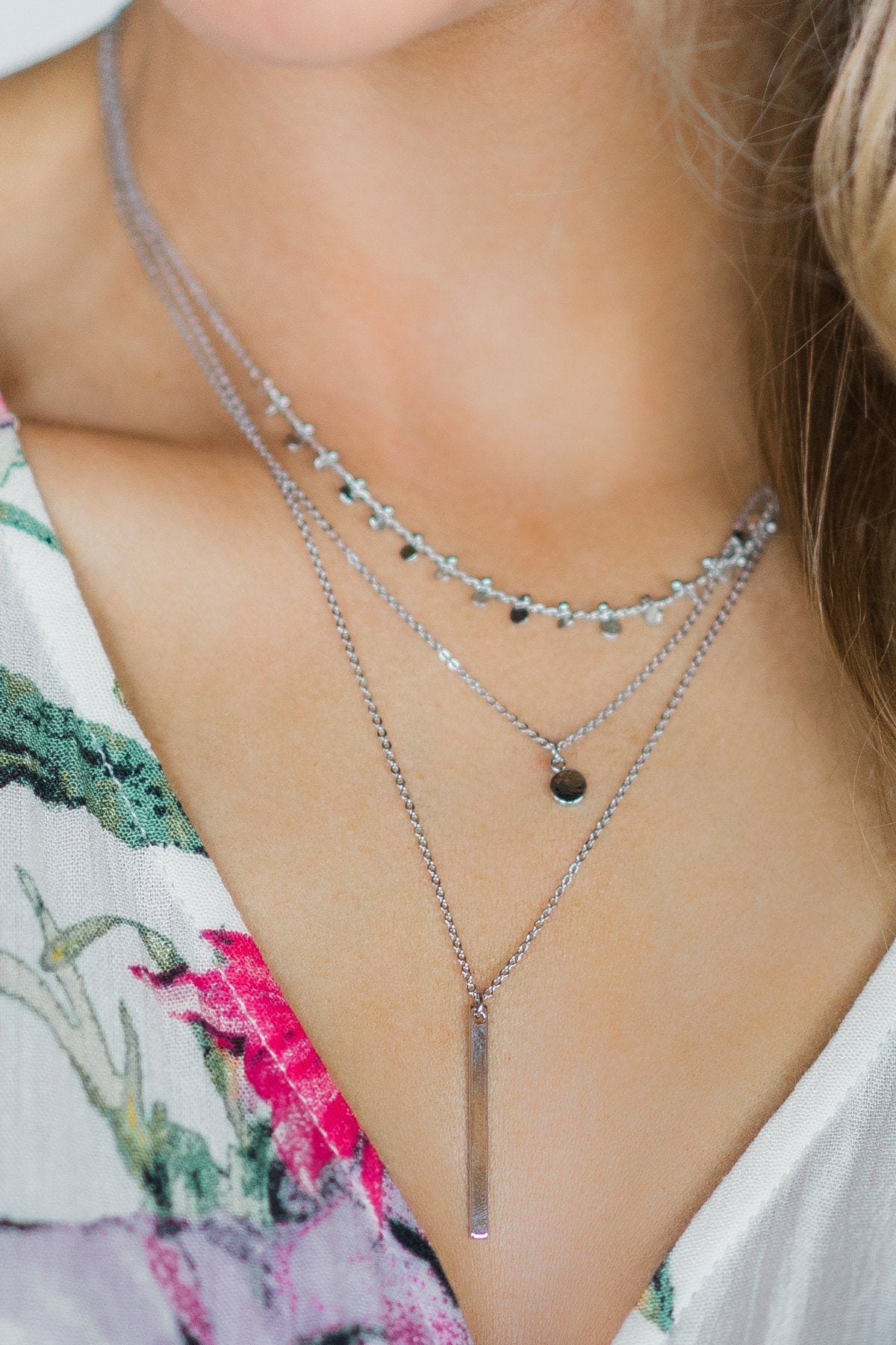 Pulse Perk~ Three Tiered Drop Pendant Necklace ~ Silver
