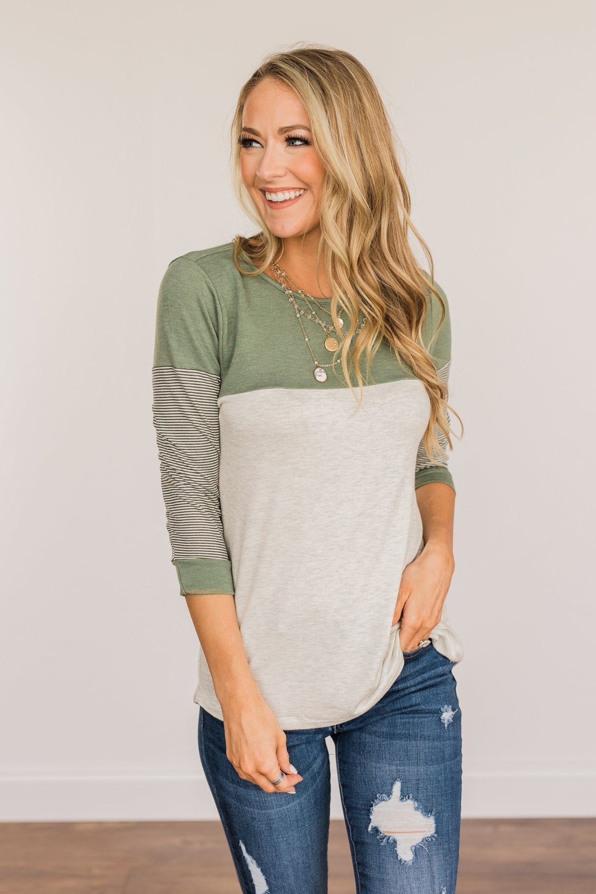 Simply Splendid Color Block Top- Olive & Heather Grey