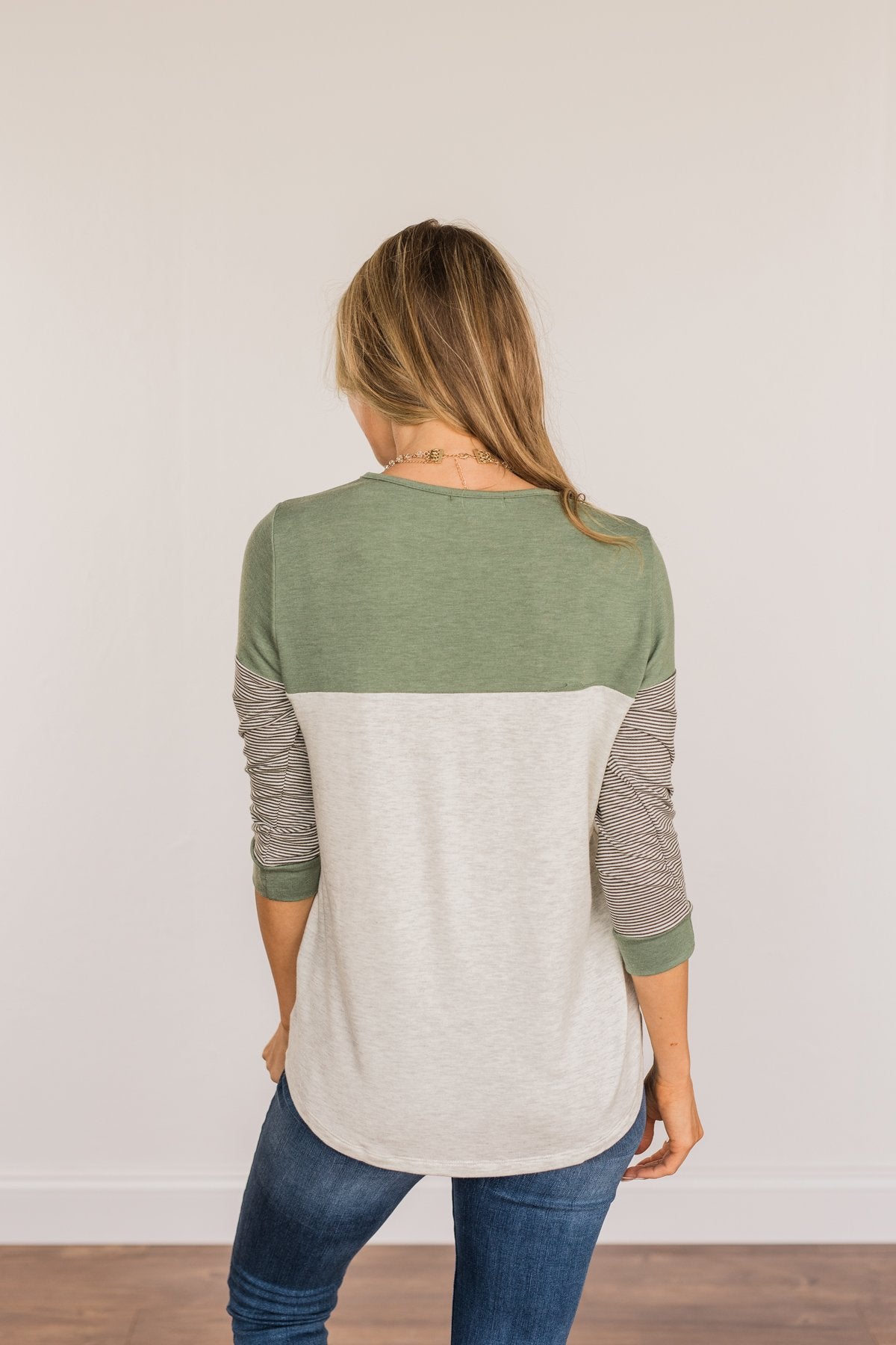 Simply Splendid Color Block Top- Olive & Heather Grey