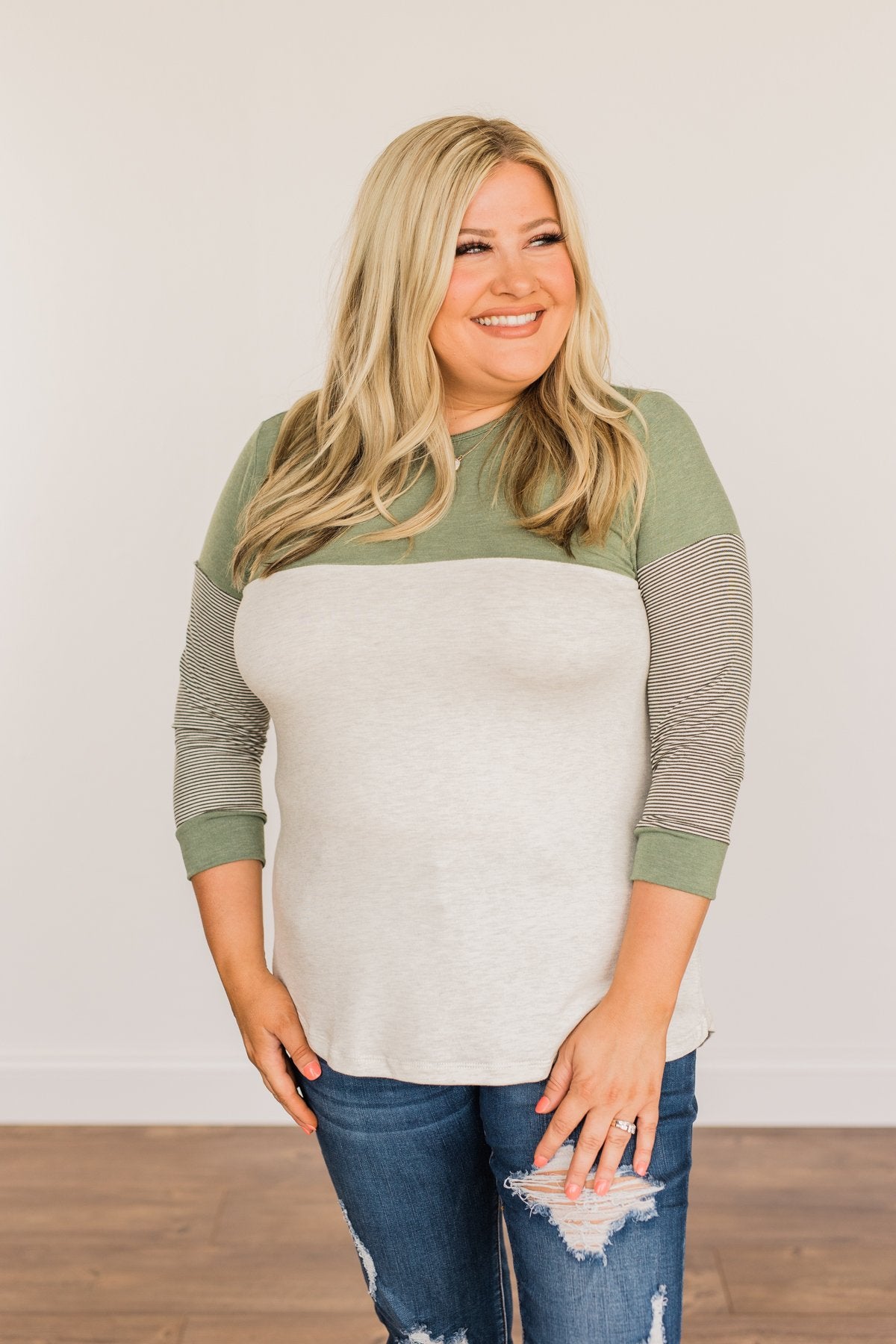 Simply Splendid Color Block Top- Olive & Heather Grey
