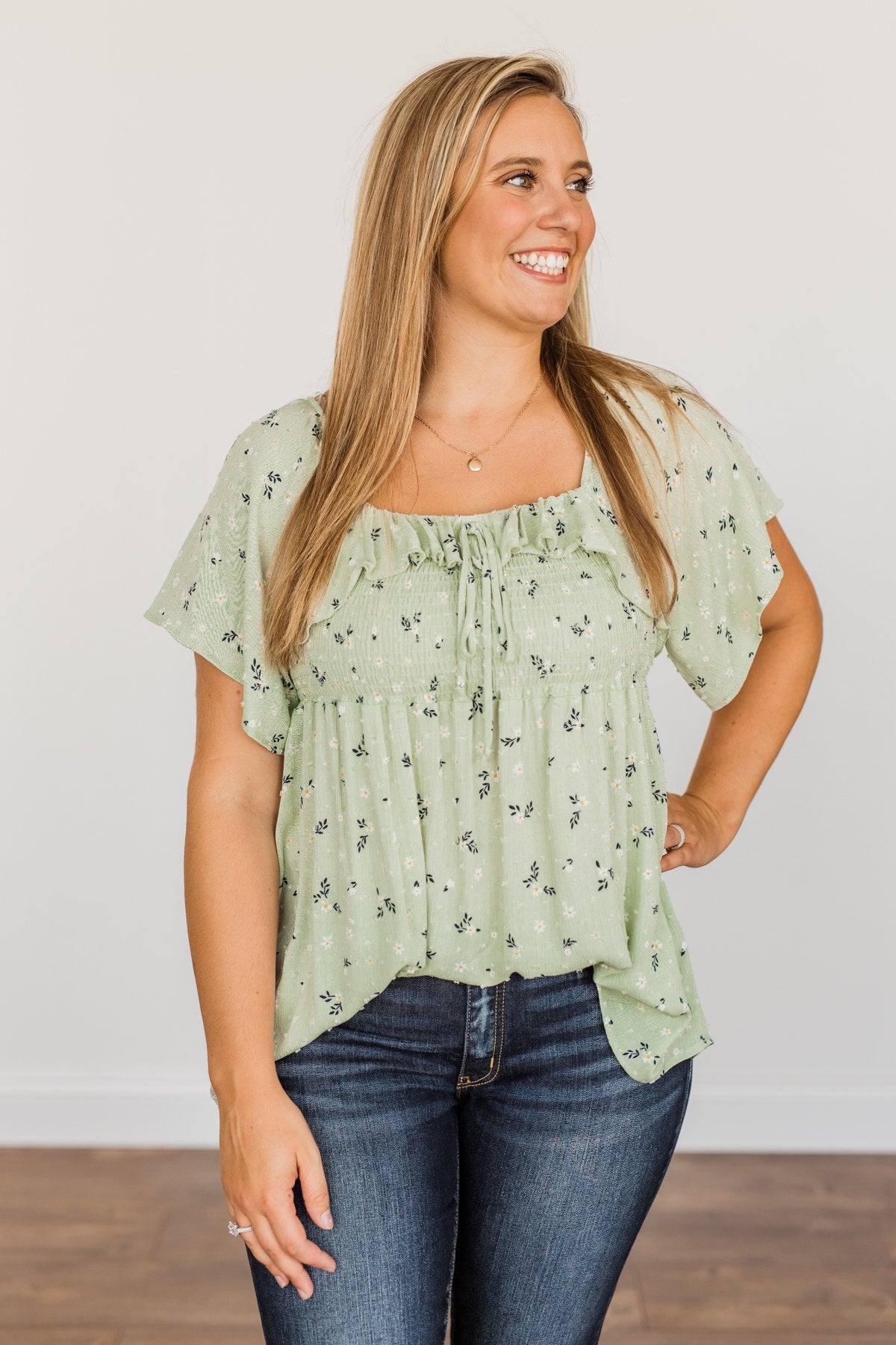 She's All That Floral Smocked Blouse- Soft Sage