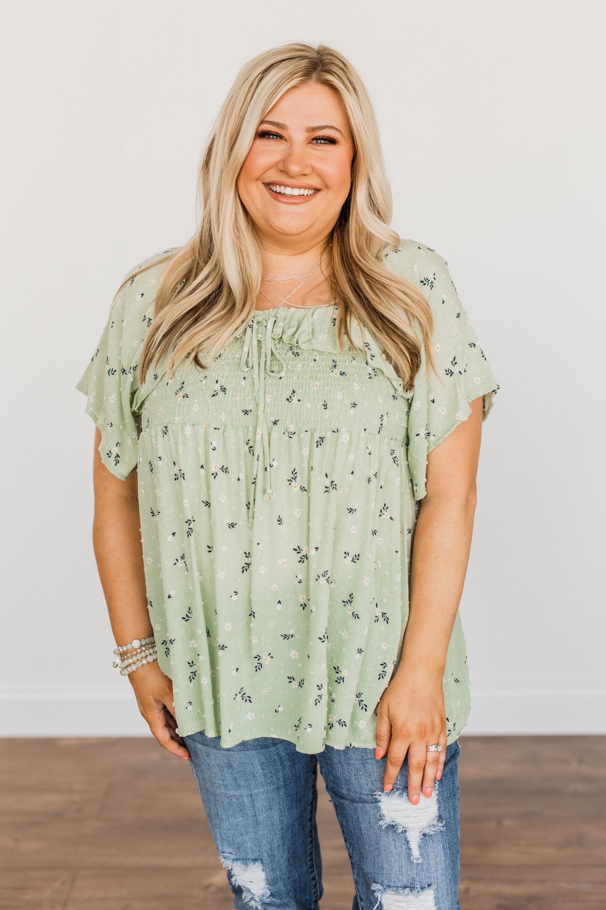 She's All That Floral Smocked Blouse- Soft Sage