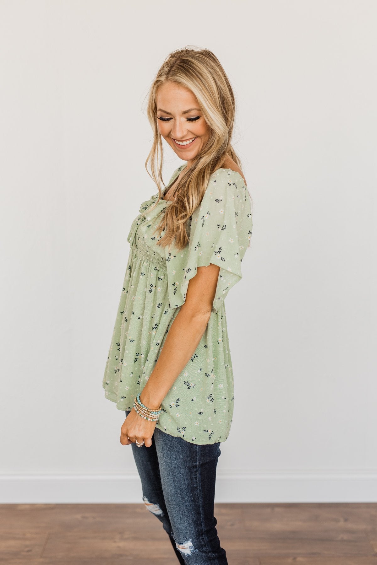 She's All That Floral Smocked Blouse- Soft Sage