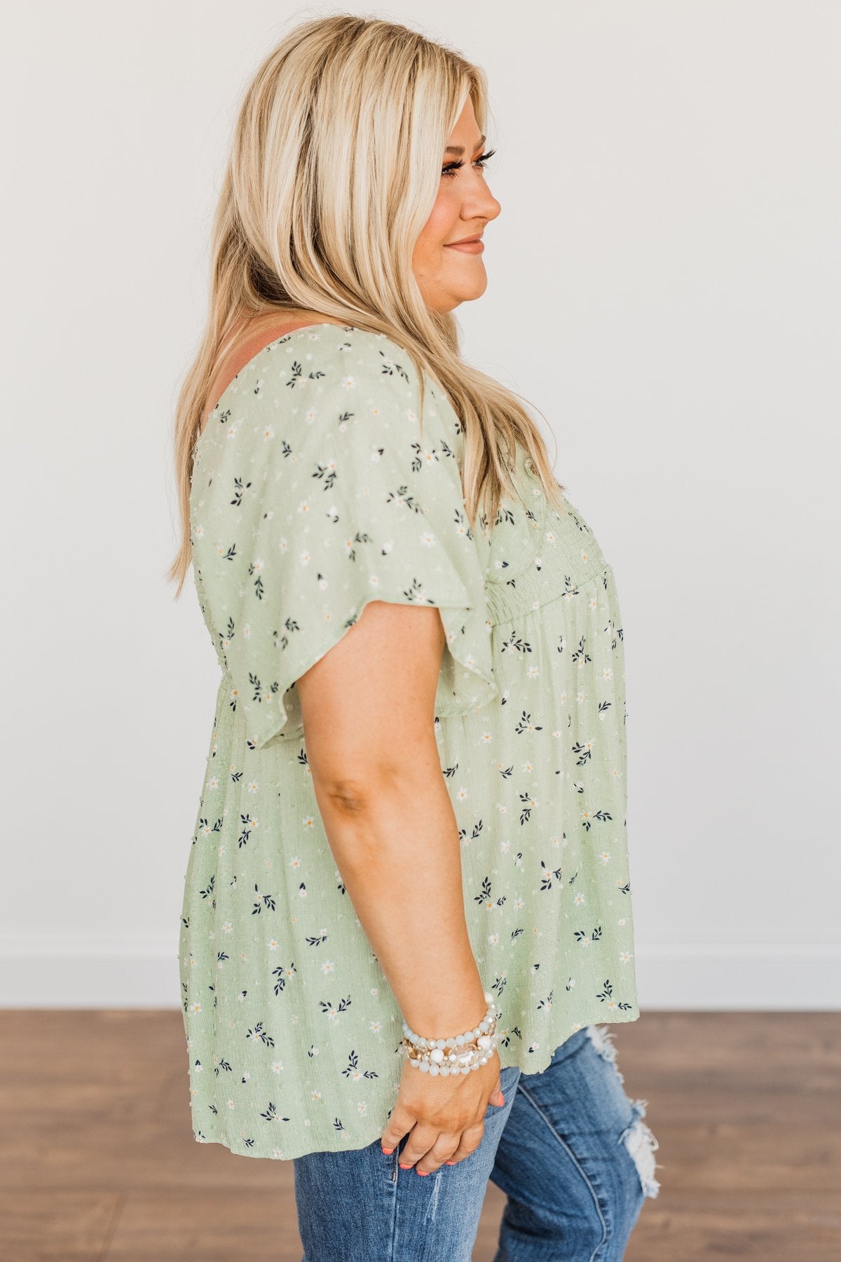 She's All That Floral Smocked Blouse- Soft Sage