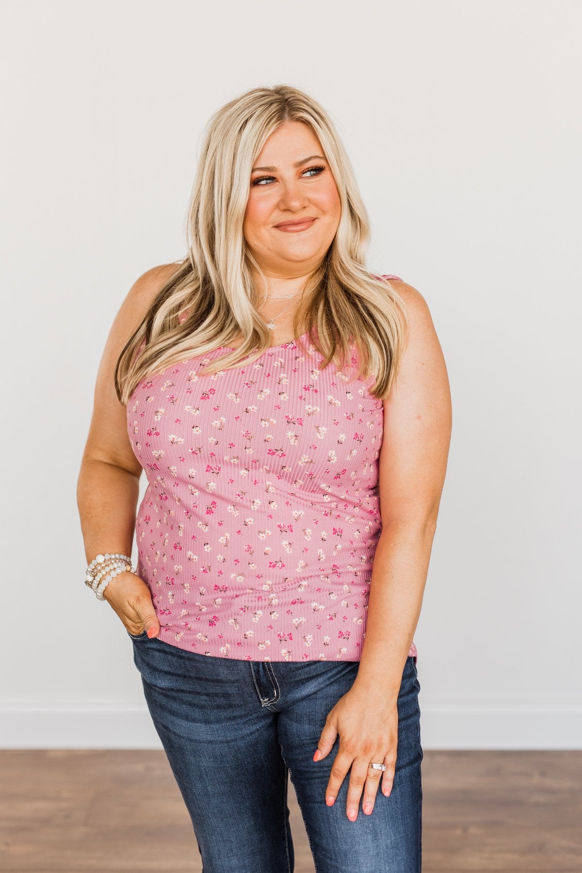 Frolic Through The Flowers Knit Tank Top- Pink
