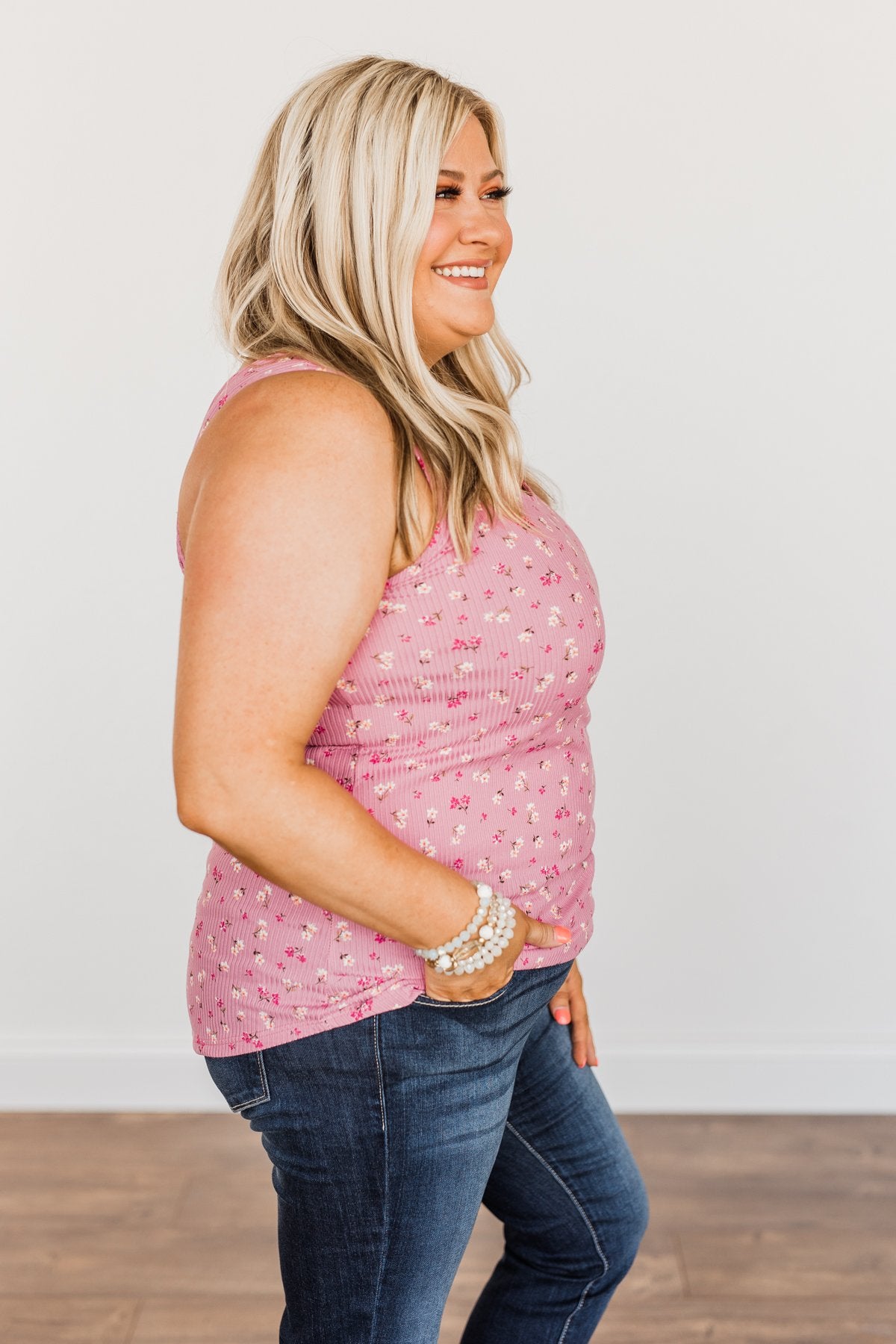 Frolic Through The Flowers Knit Tank Top- Pink