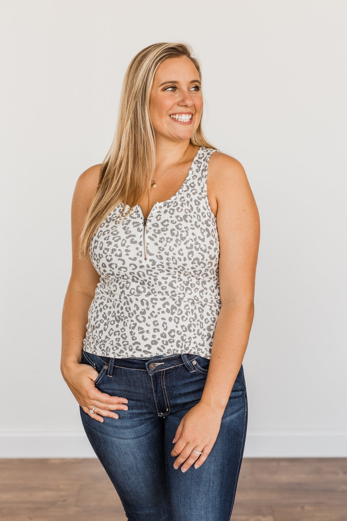 Everlasting Moments Zipper Henley Tank Top- Grey Leopard