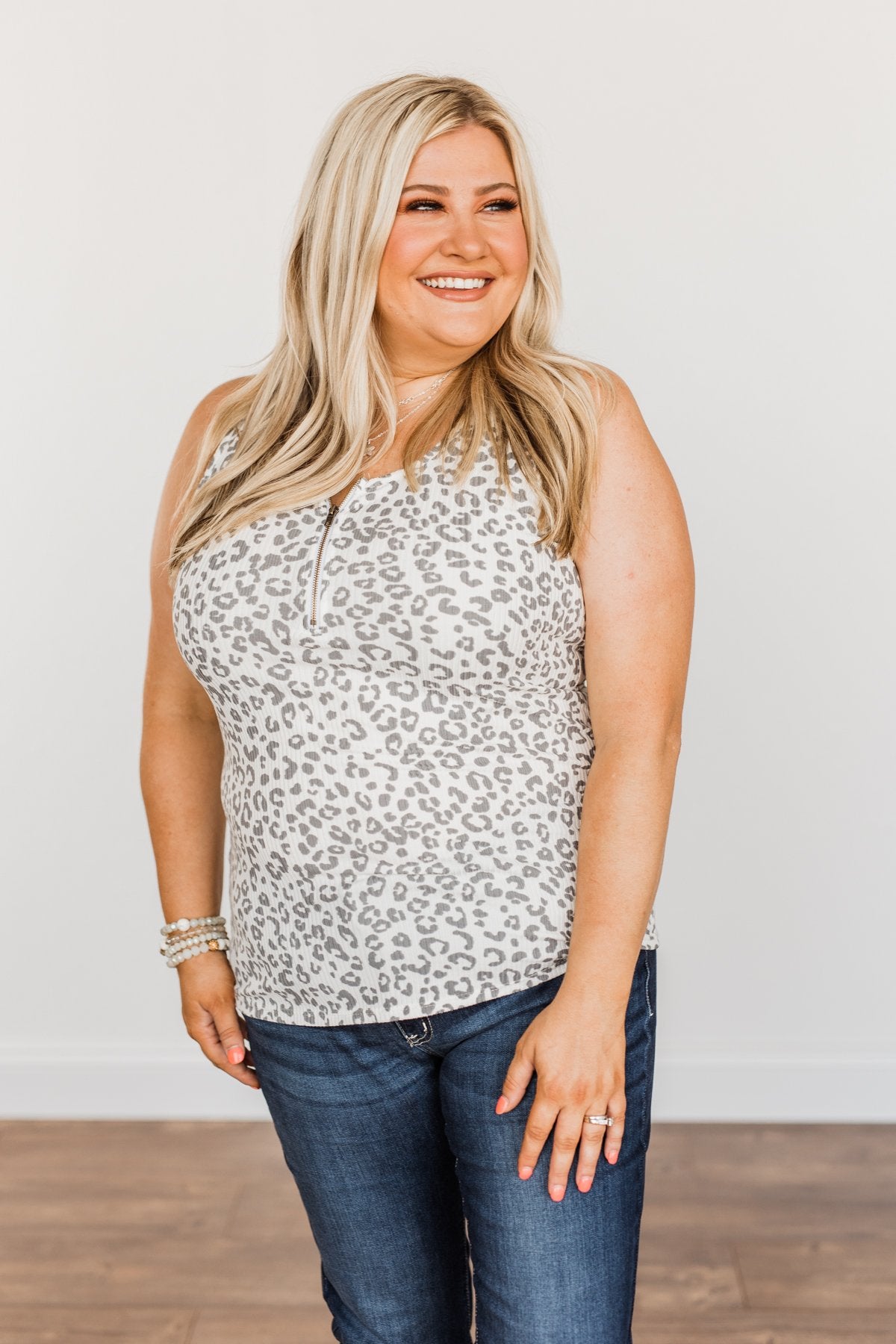 Everlasting Moments Zipper Henley Tank Top- Grey Leopard