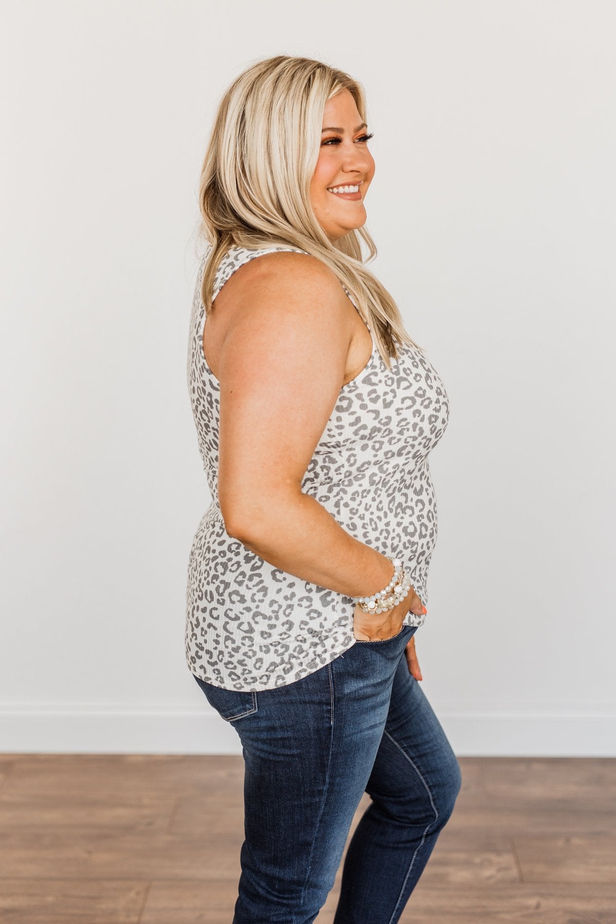 Everlasting Moments Zipper Henley Tank Top- Grey Leopard