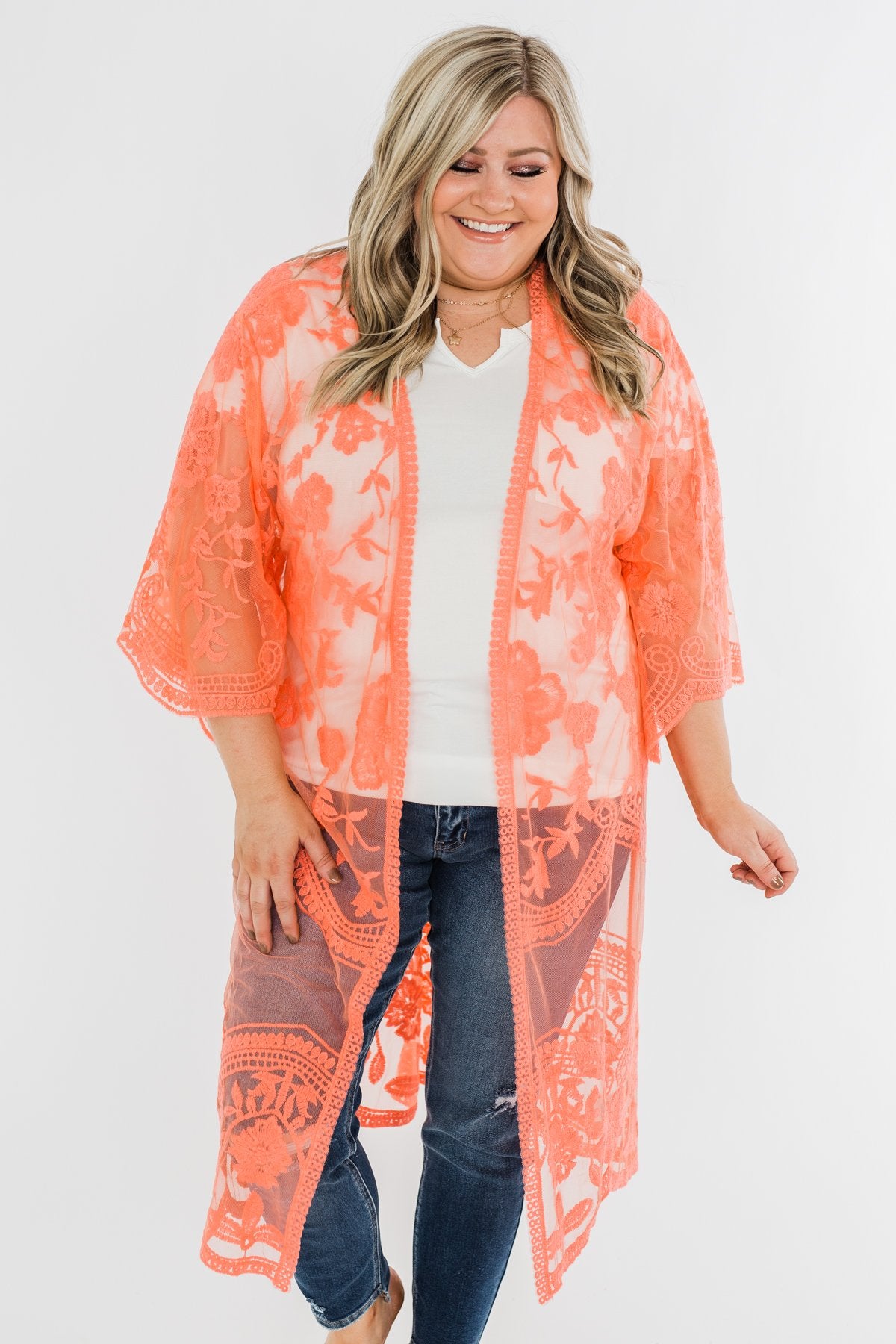 Long Sheer Floral Lace Kimono- Coral