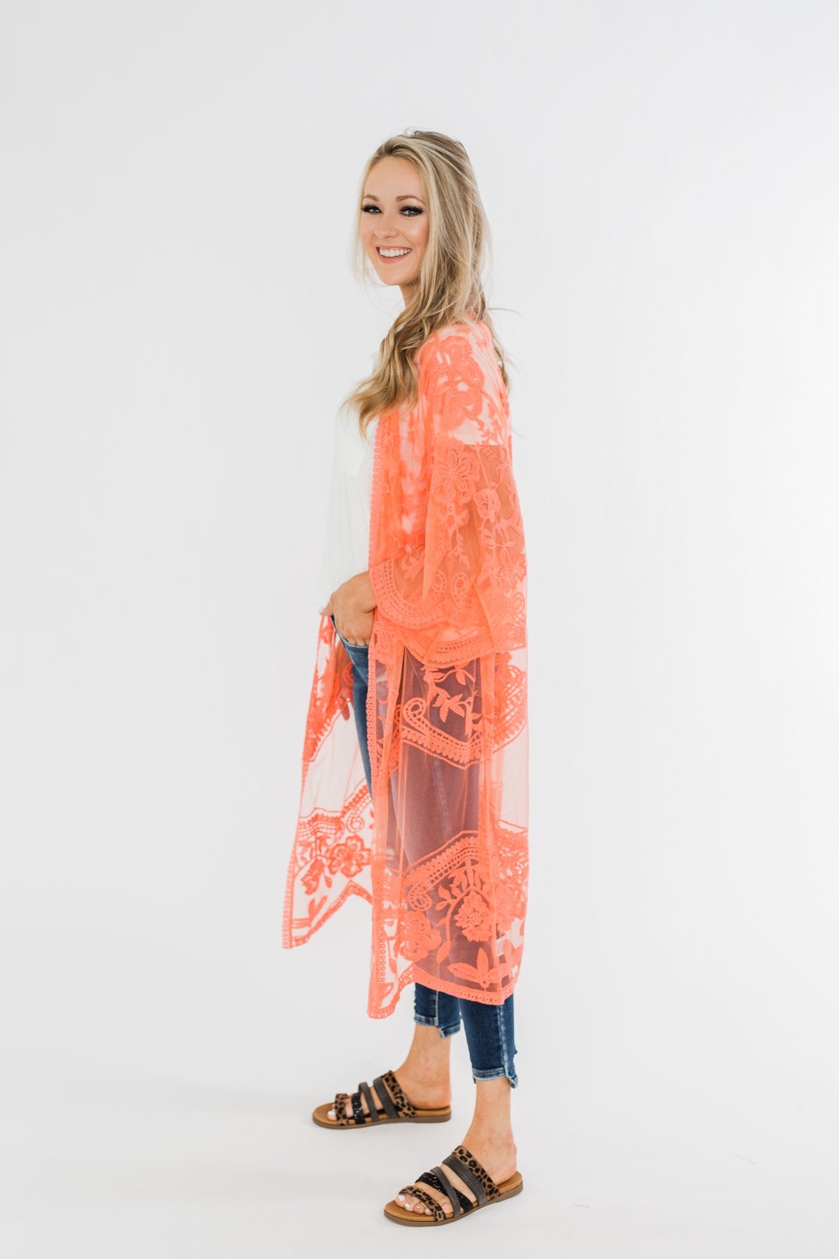 Long Sheer Floral Lace Kimono- Coral