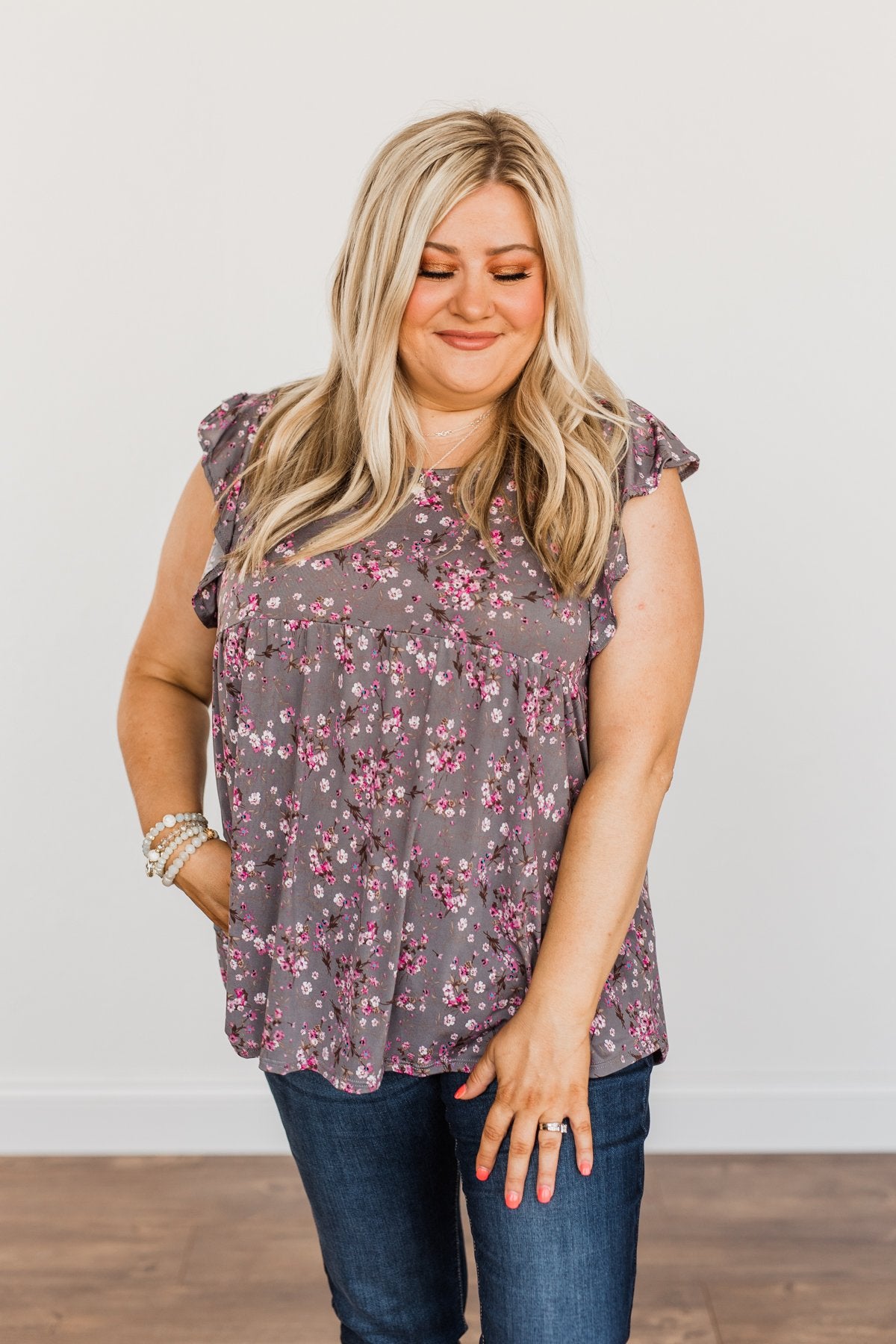 Gardens Of Flowers Floral Top- Grey & Pink
