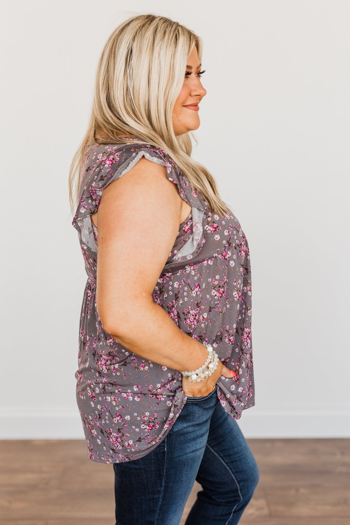 Gardens Of Flowers Floral Top- Grey & Pink