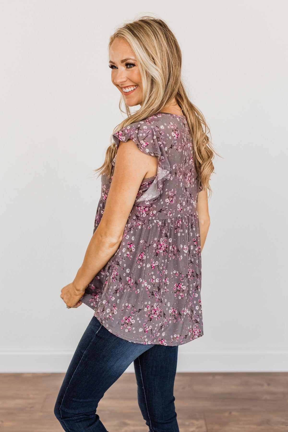 Gardens Of Flowers Floral Top- Grey & Pink