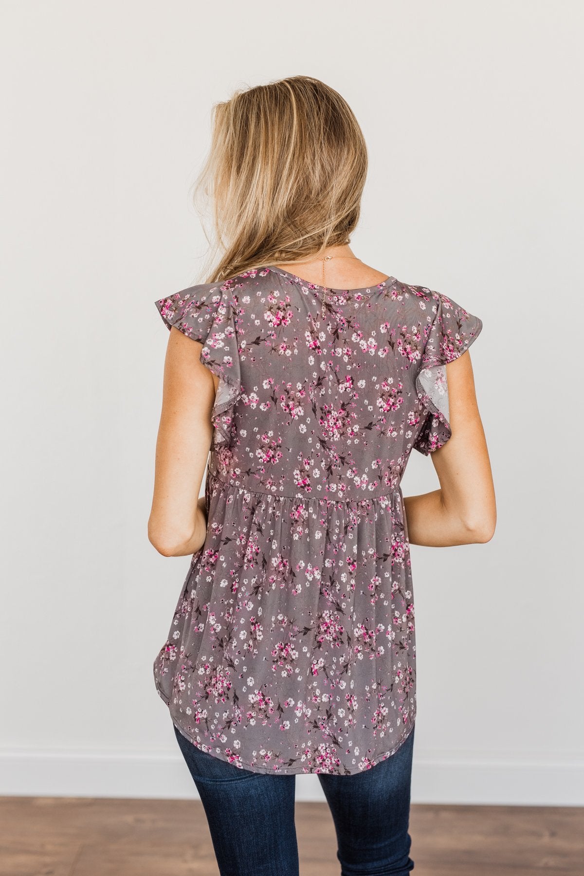 Gardens Of Flowers Floral Top- Grey & Pink