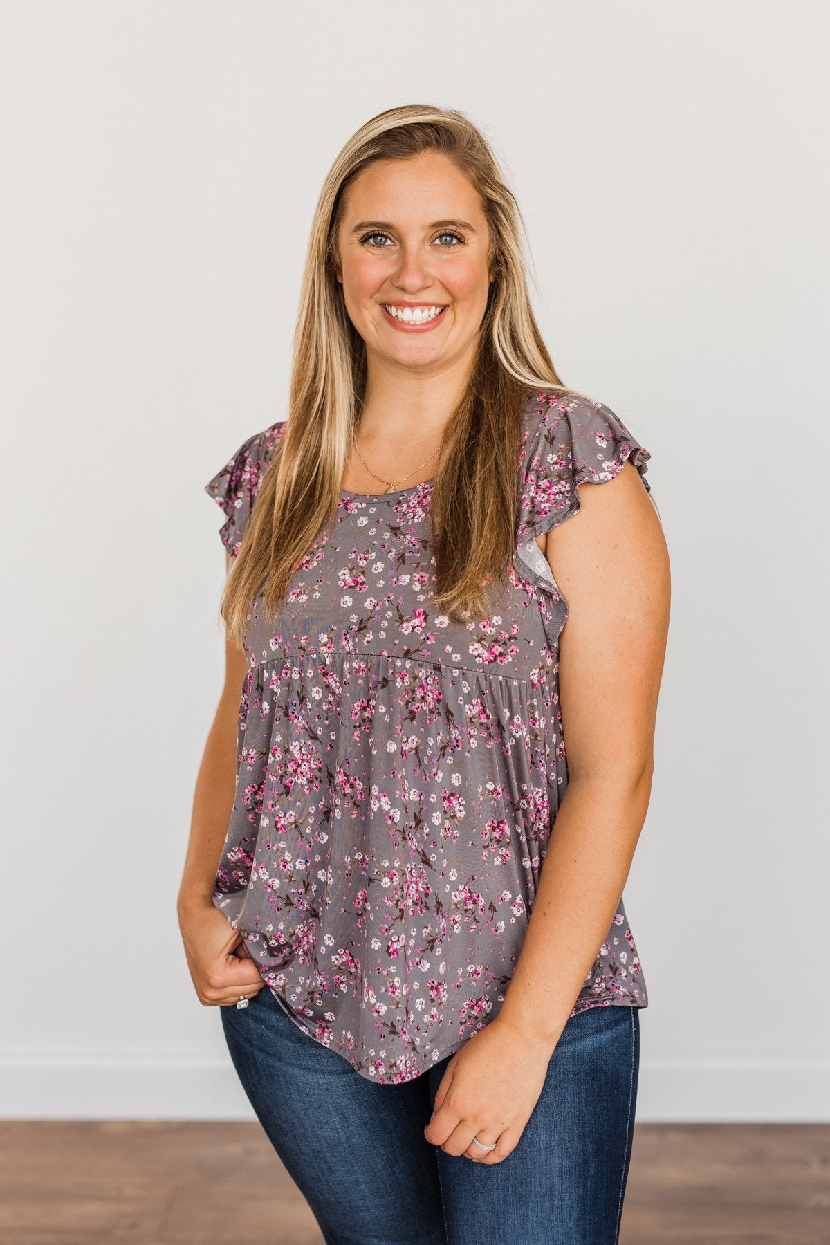 Gardens Of Flowers Floral Top- Grey & Pink