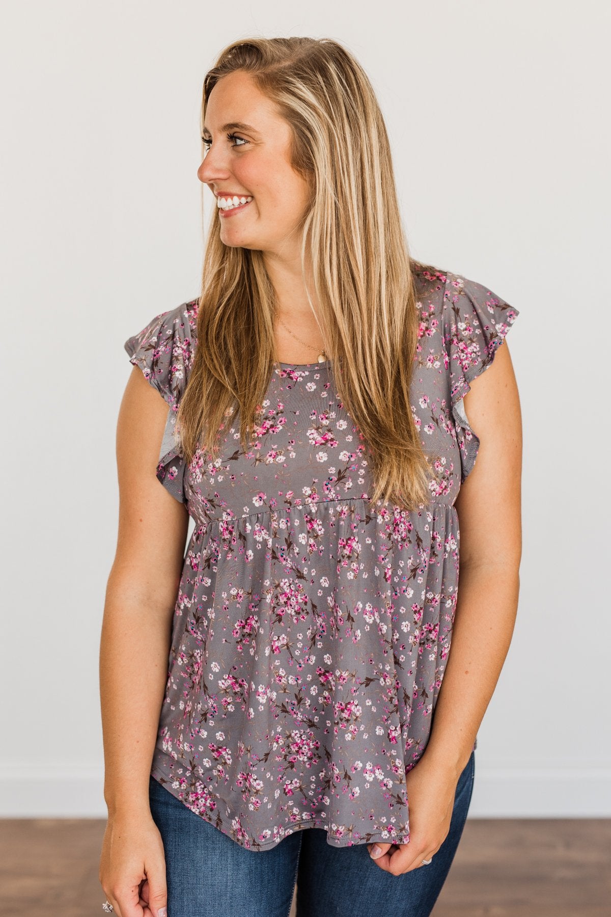 Gardens Of Flowers Floral Top- Grey & Pink