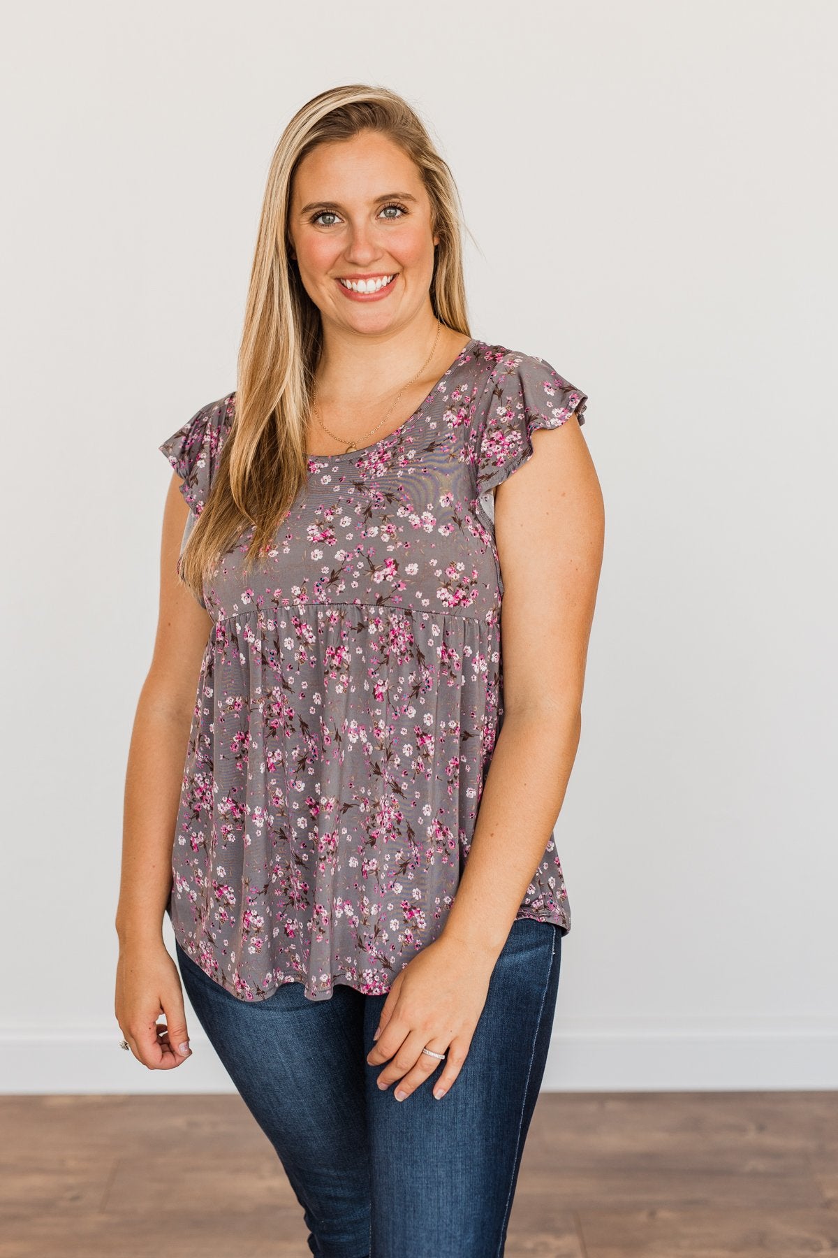Gardens Of Flowers Floral Top- Grey & Pink